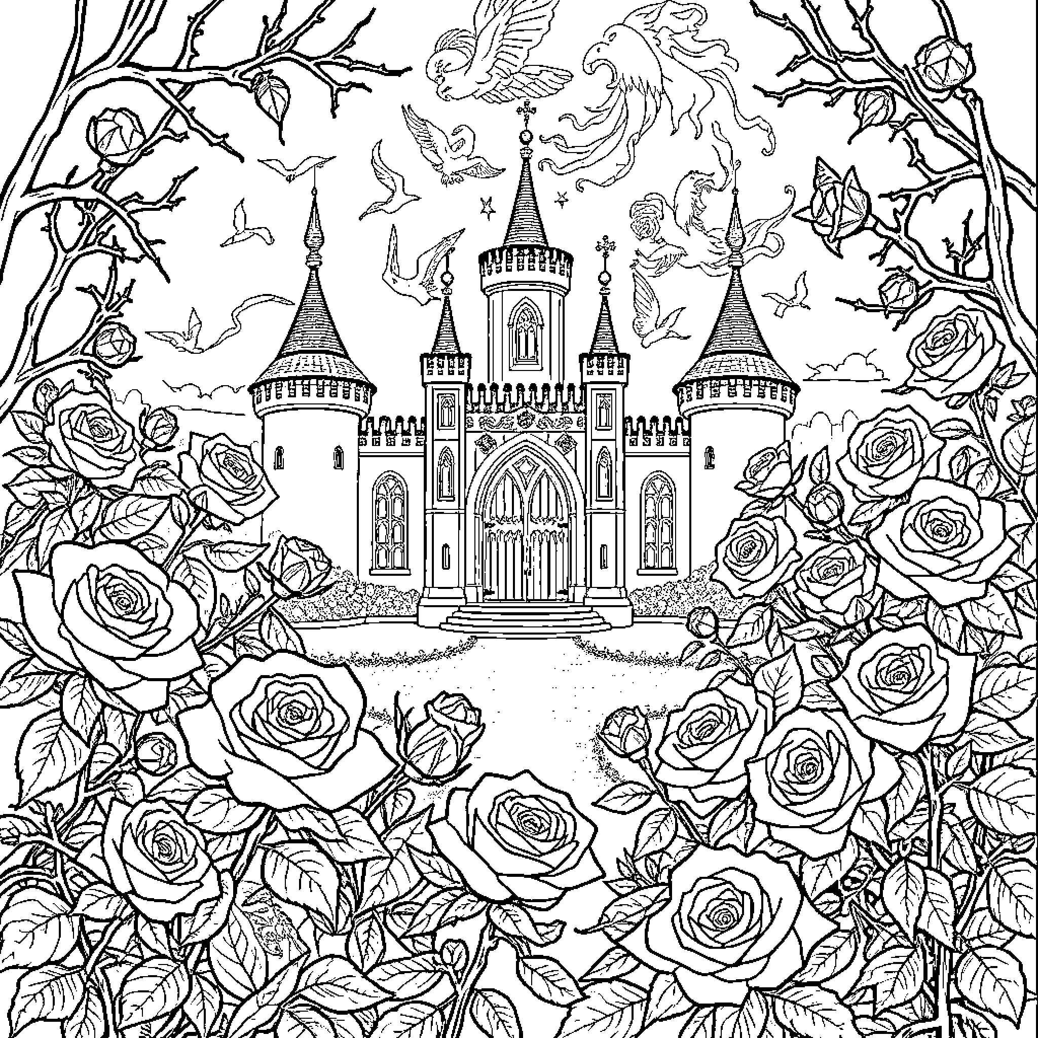 Thorn-Framed Enchanted Castle Amid Blossoming Roses Coloring Page (free black-and-white line drawing printable PDF for all, from beginners to advanced learners, including children, teens, adults, and seniors)
