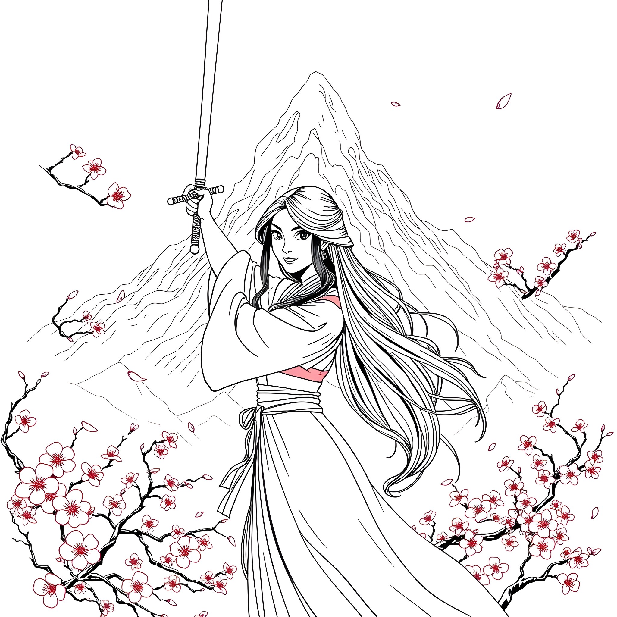 Mulan in traditional Japanese attire amidst mountain scenery Coloring Page (free black-and-white line drawing printable PDF for all, from beginners to advanced learners, including children, teens, adults, and seniors)