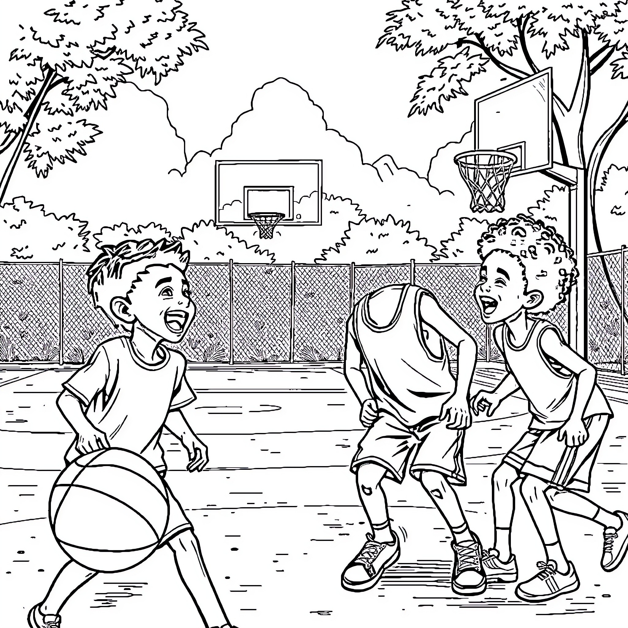Child playing basketball with friends on outdoor court Coloring Page (free black-and-white line drawing printable PDF for all, from beginners to advanced learners, including children, teens, adults, and seniors)