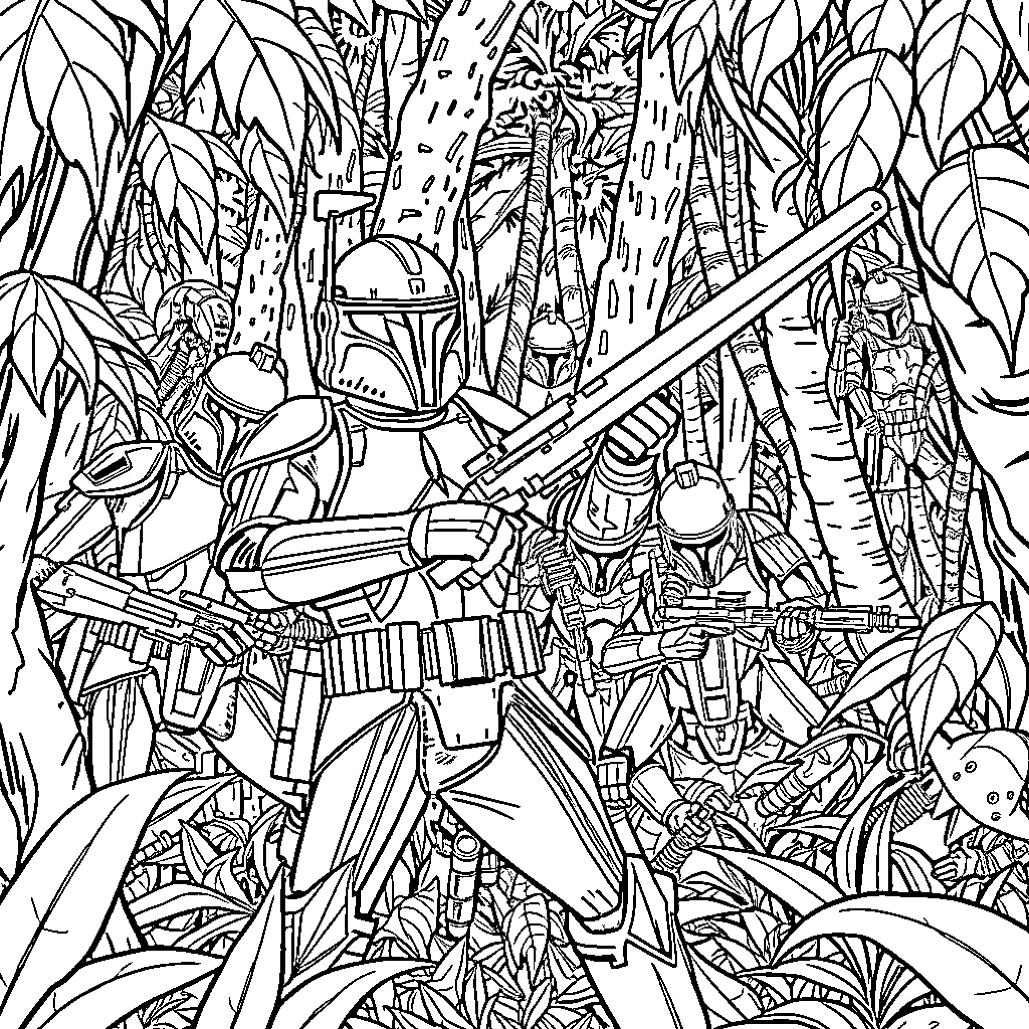 Clone Troopers in Jungle Combat Scenario Coloring Page (free black-and-white line drawing printable PDF for all, from beginners to advanced learners, including children, teens, adults, and seniors)