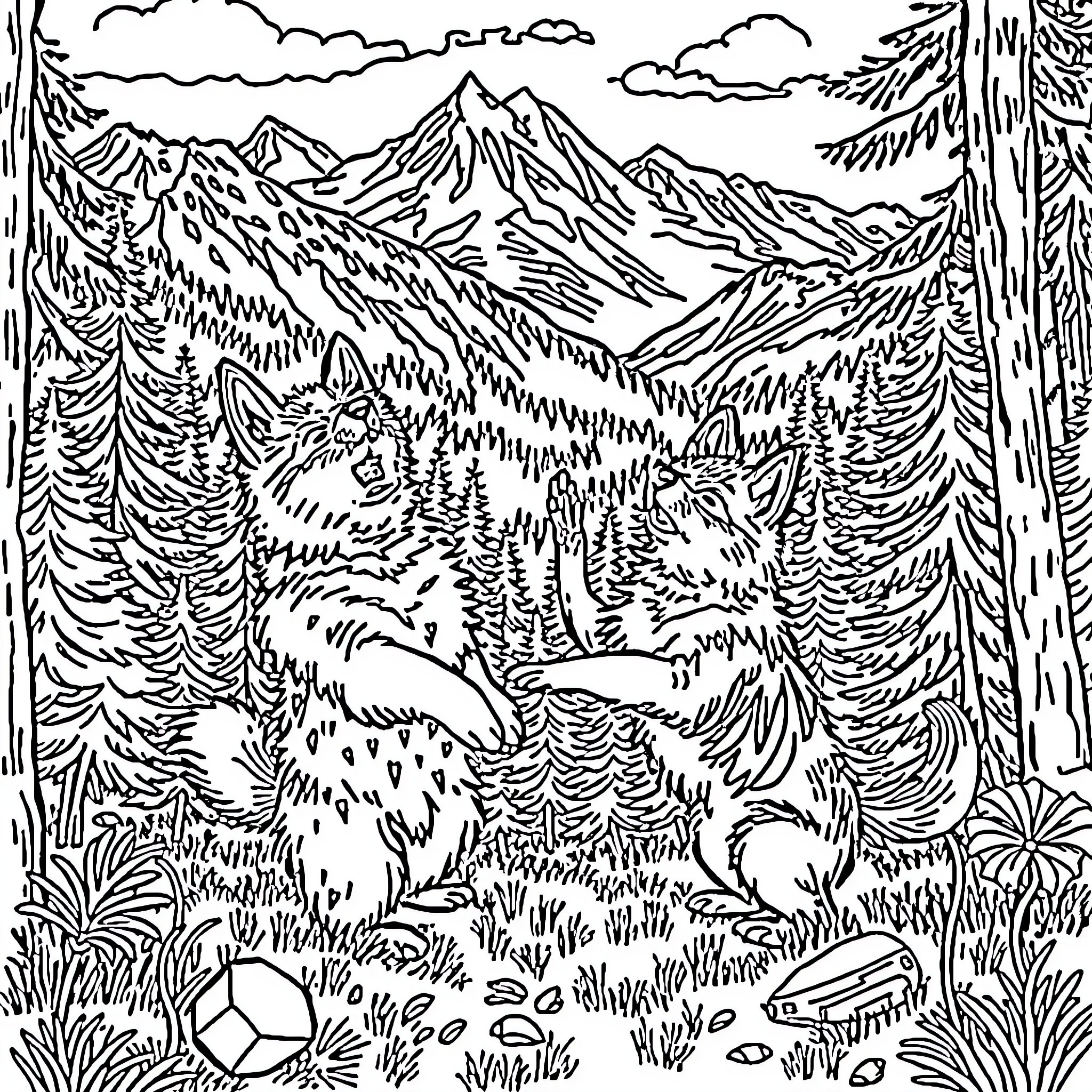 Chien explores the mountain wilderness Coloring Page (free black-and-white line drawing printable PDF for all, from beginners to advanced learners, including children, teens, adults, and seniors)
