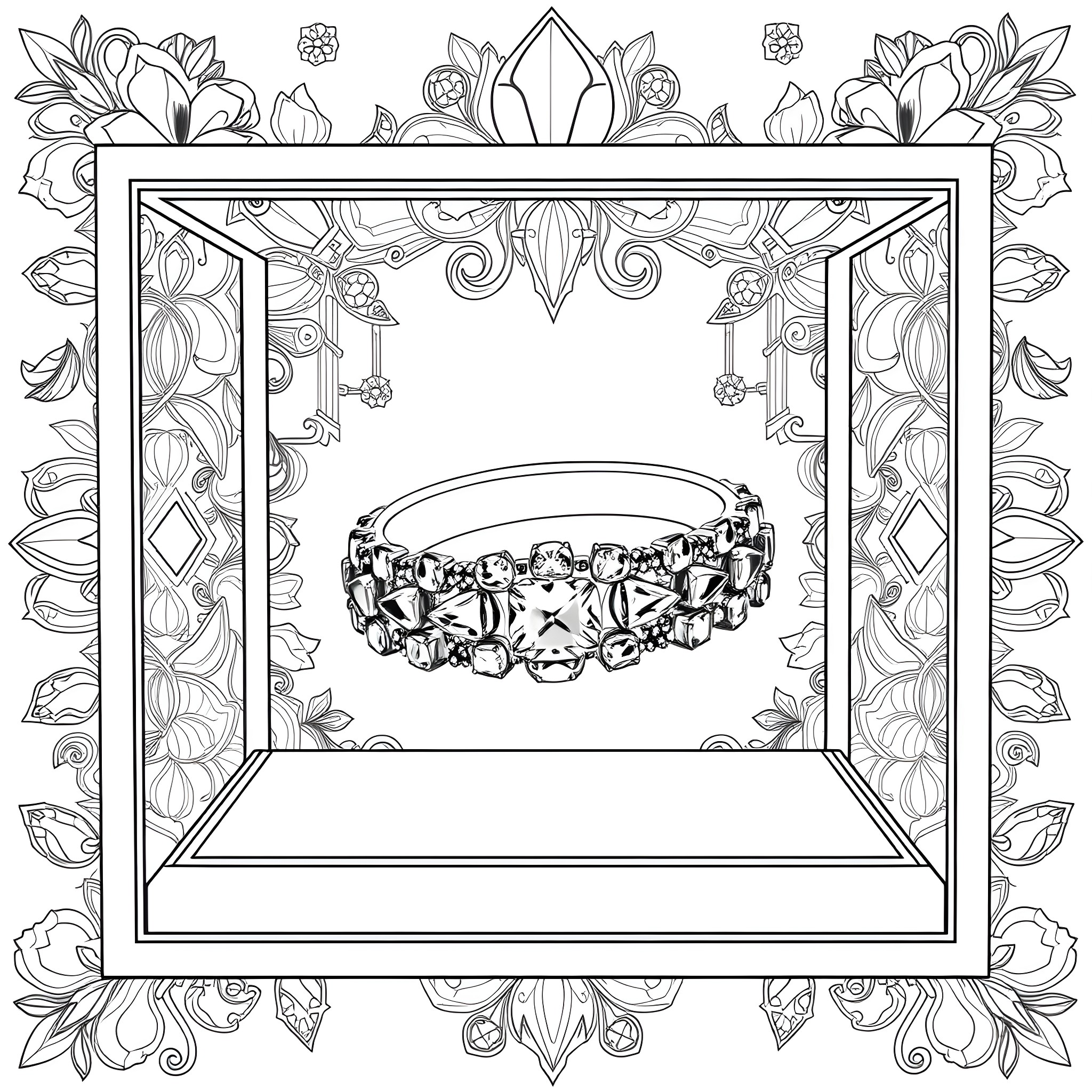 Gemstone Jewelry Showcase with Floral Decorations Coloring Page (free black-and-white line drawing printable PDF for all, from beginners to advanced learners, including children, teens, adults, and seniors)