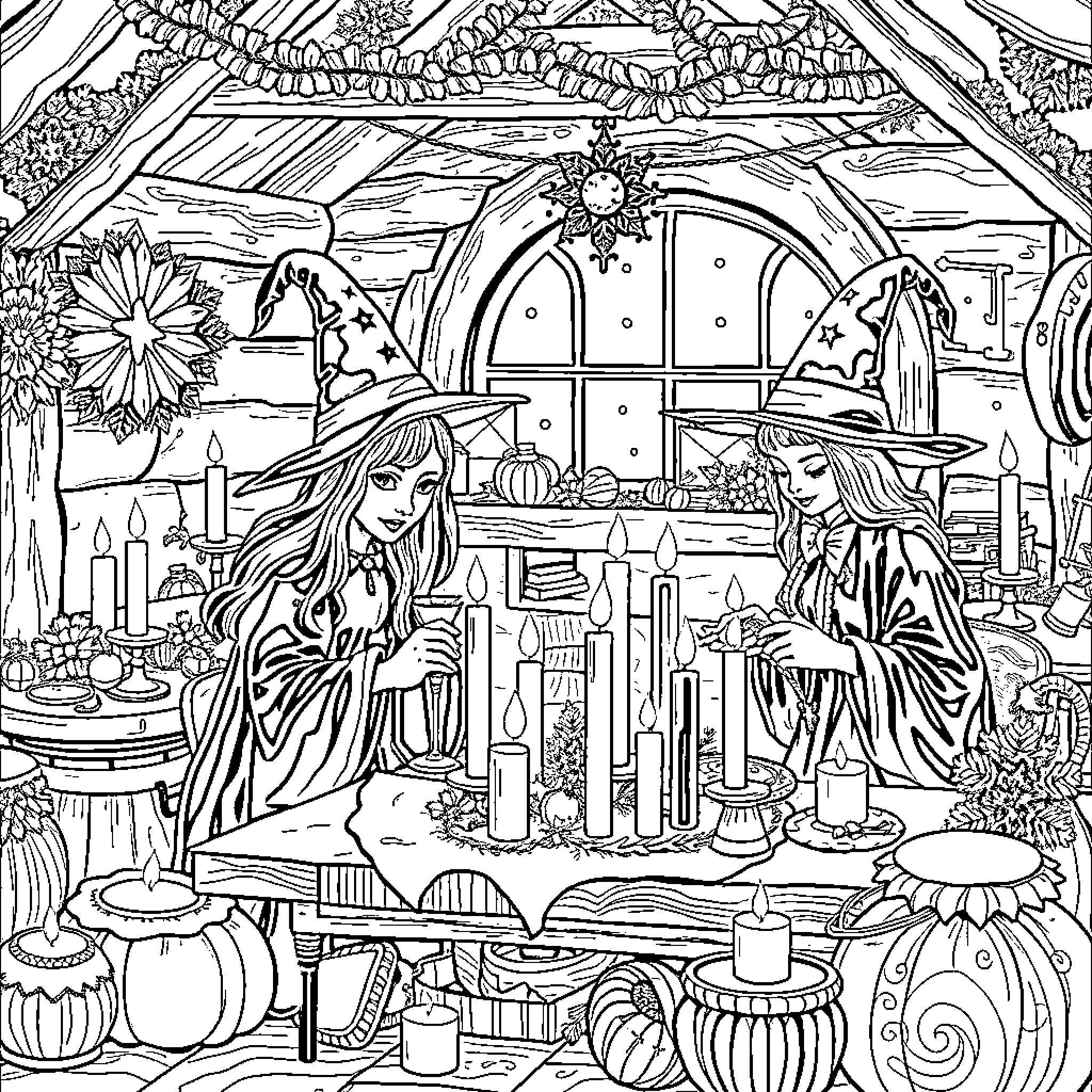 Witches Brewing Potion in Enchanted Cottage Coloring Page (free black-and-white line drawing printable PDF for all, from beginners to advanced learners, including children, teens, adults, and seniors)