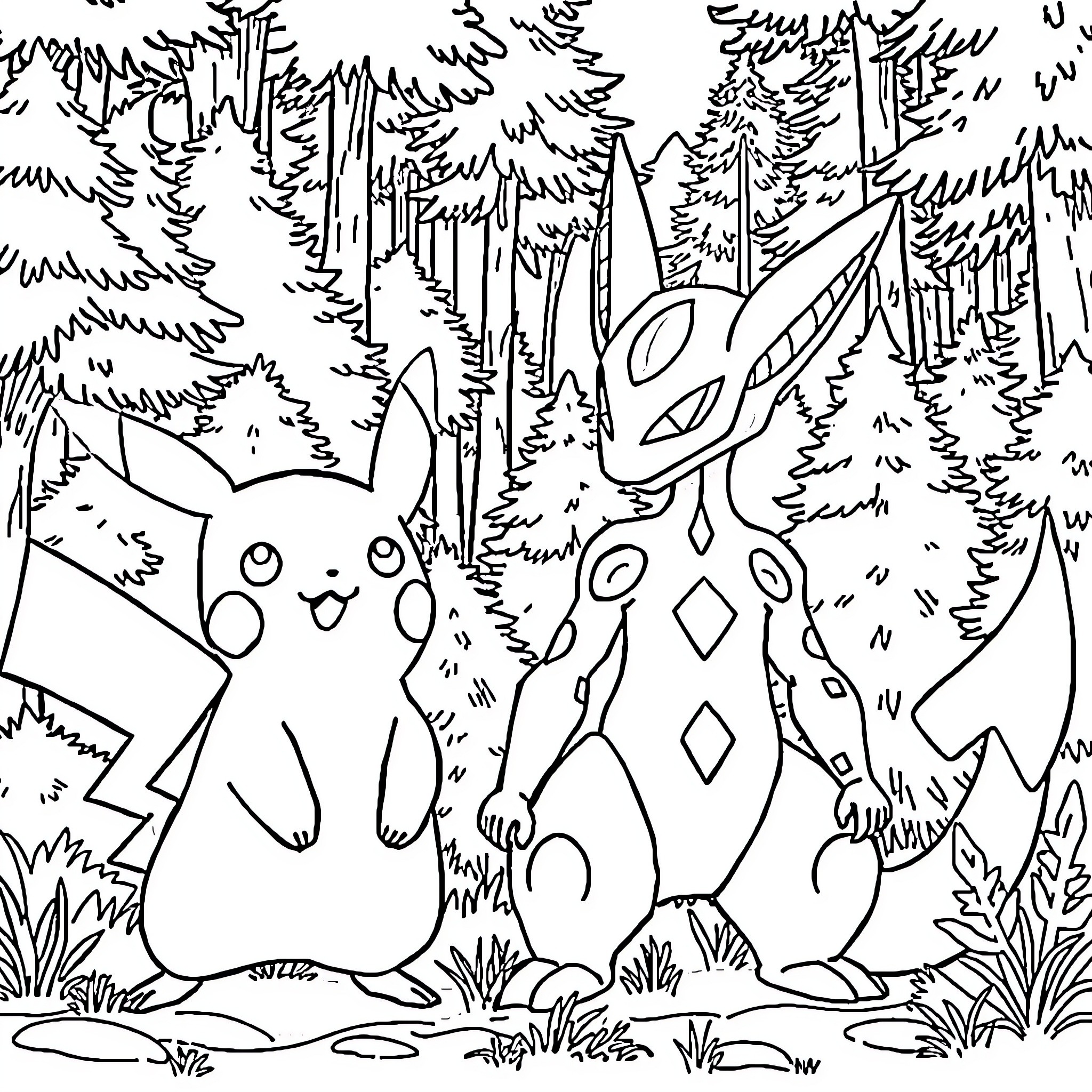 Pokémon characters in a forest setting Coloring Page (free black-and-white line drawing printable PDF for all, from beginners to advanced learners, including children, teens, adults, and seniors)