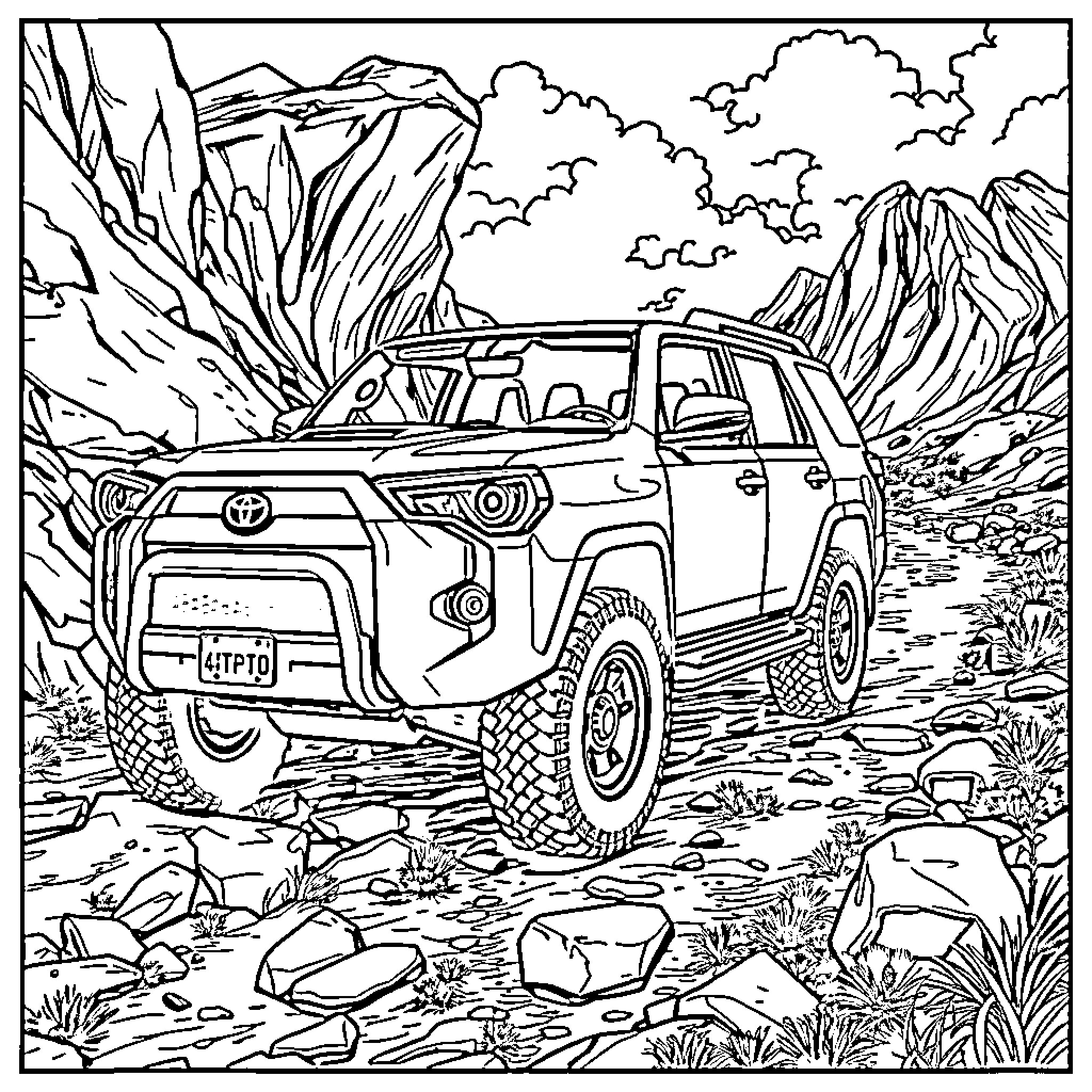 Runner navigating rough terrain in off-road vehicle Coloring Page (free black-and-white line drawing printable PDF for all, from beginners to advanced learners, including children, teens, adults, and seniors)