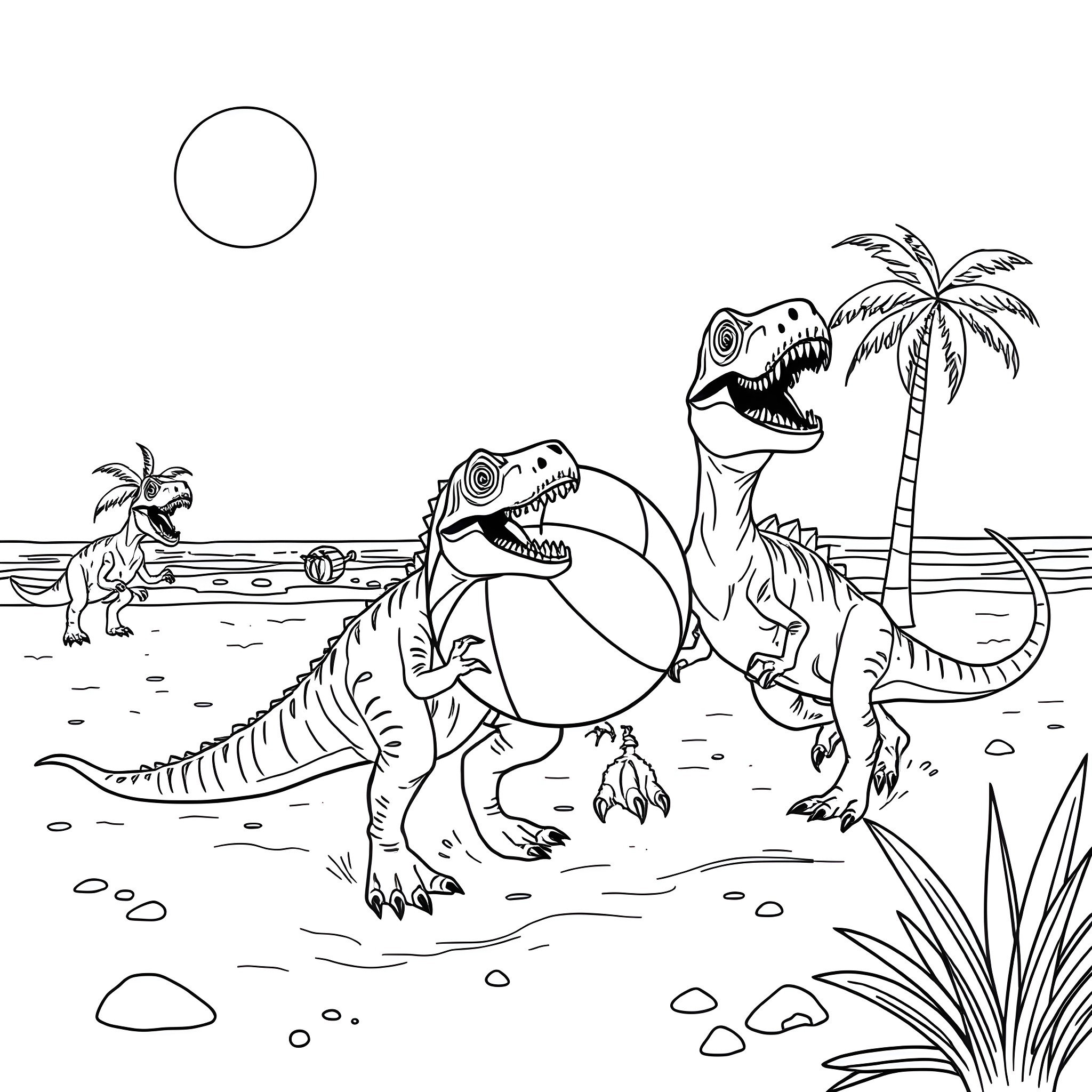 Dinosaurs roaming a tropical beach scene Coloring Page (free black-and-white line drawing printable PDF for all, from beginners to advanced learners, including children, teens, adults, and seniors)