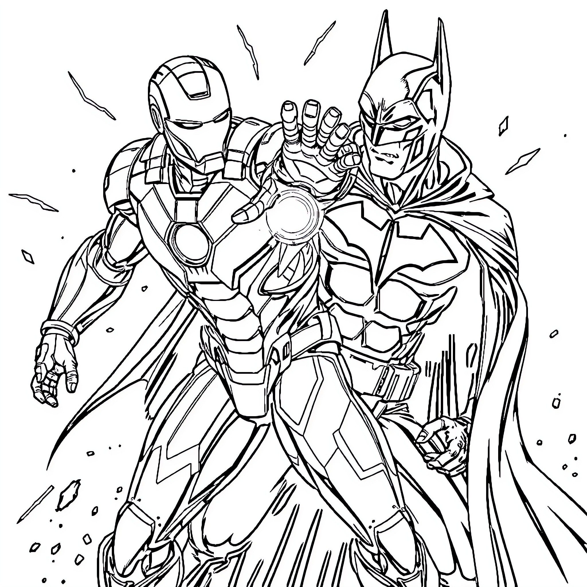Ironman and Batman in heroic battle stance Coloring Page (free black-and-white line drawing printable PDF for all, from beginners to advanced learners, including children, teens, adults, and seniors)