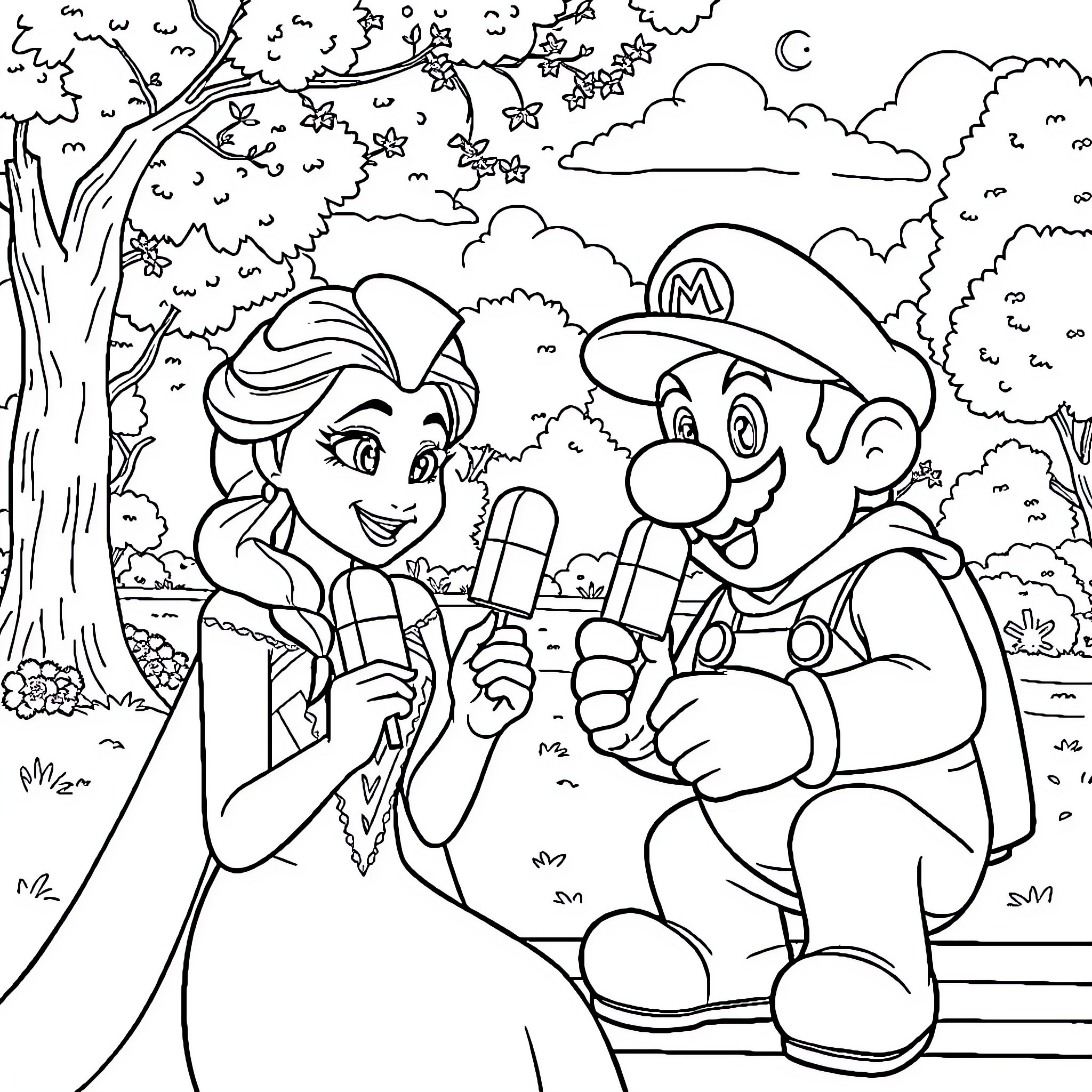 Elsa and Mario Enjoy Ice Cream in the Park Coloring Page (free black-and-white line drawing printable PDF for all, from beginners to advanced learners, including children, teens, adults, and seniors)