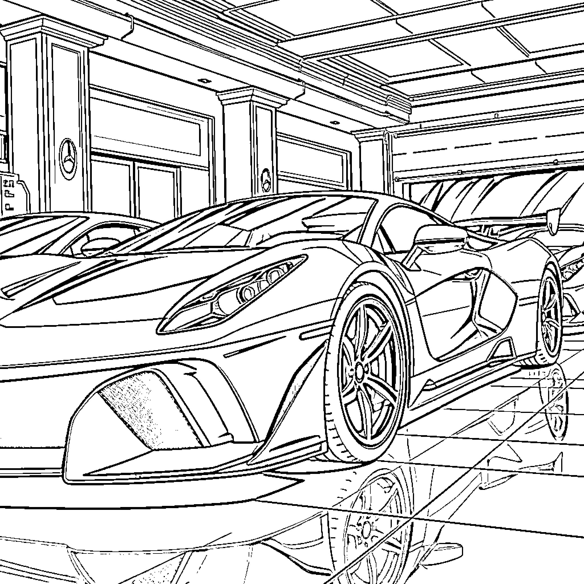 Car showroom with sleek sports cars Coloring Page (free black-and-white line drawing printable PDF for all, from beginners to advanced learners, including children, teens, adults, and seniors)