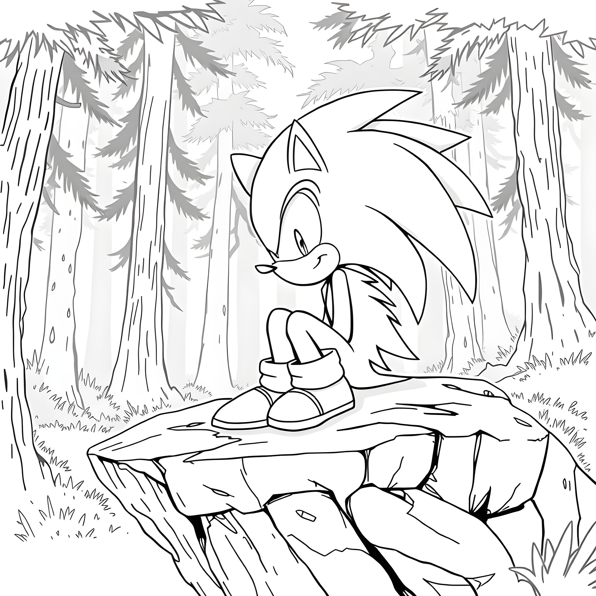 Sonic sitting on a cliff edge in the forest Coloring Page (free black-and-white line drawing printable PDF for all, from beginners to advanced learners, including children, teens, adults, and seniors)