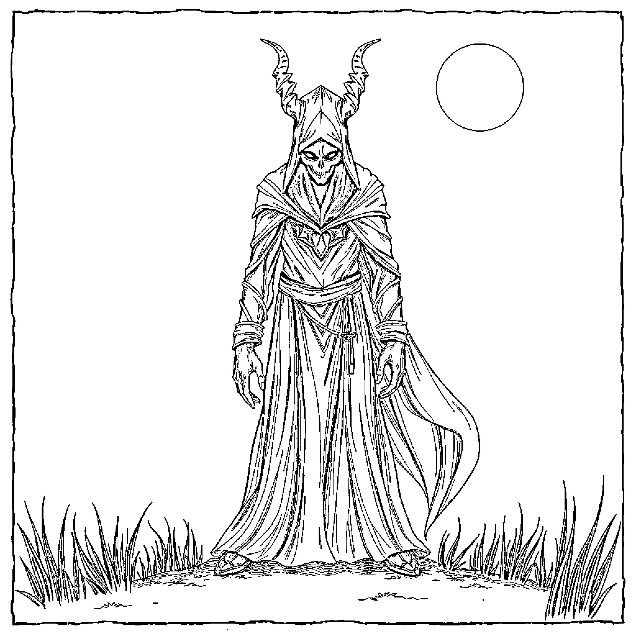 Ze Ominous Robed Figure in the Moonlight Coloring Page (free black-and-white line drawing printable PDF for all, from beginners to advanced learners, including children, teens, adults, and seniors)