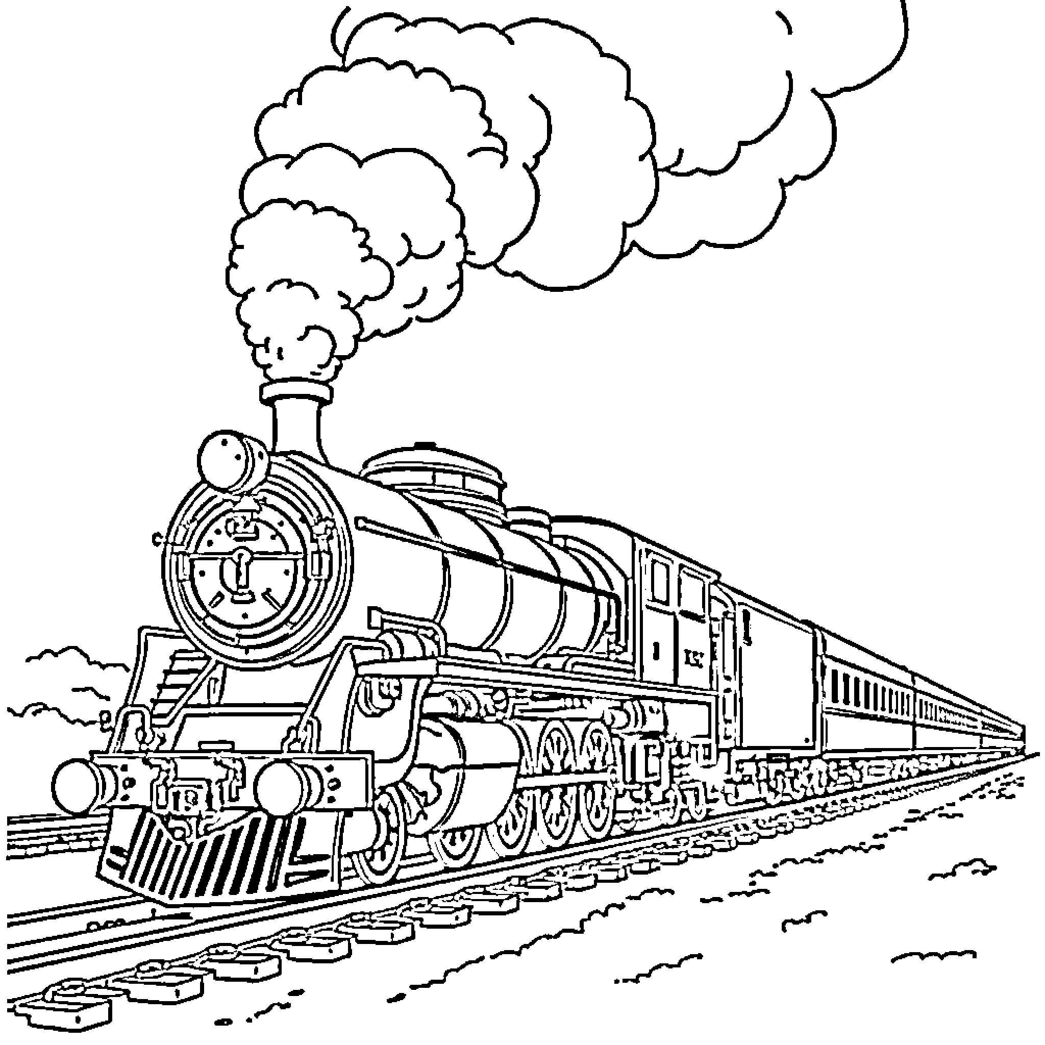 Steam Train chugging along the tracks Coloring Page (free black-and-white line drawing printable PDF for all, from beginners to advanced learners, including children, teens, adults, and seniors)