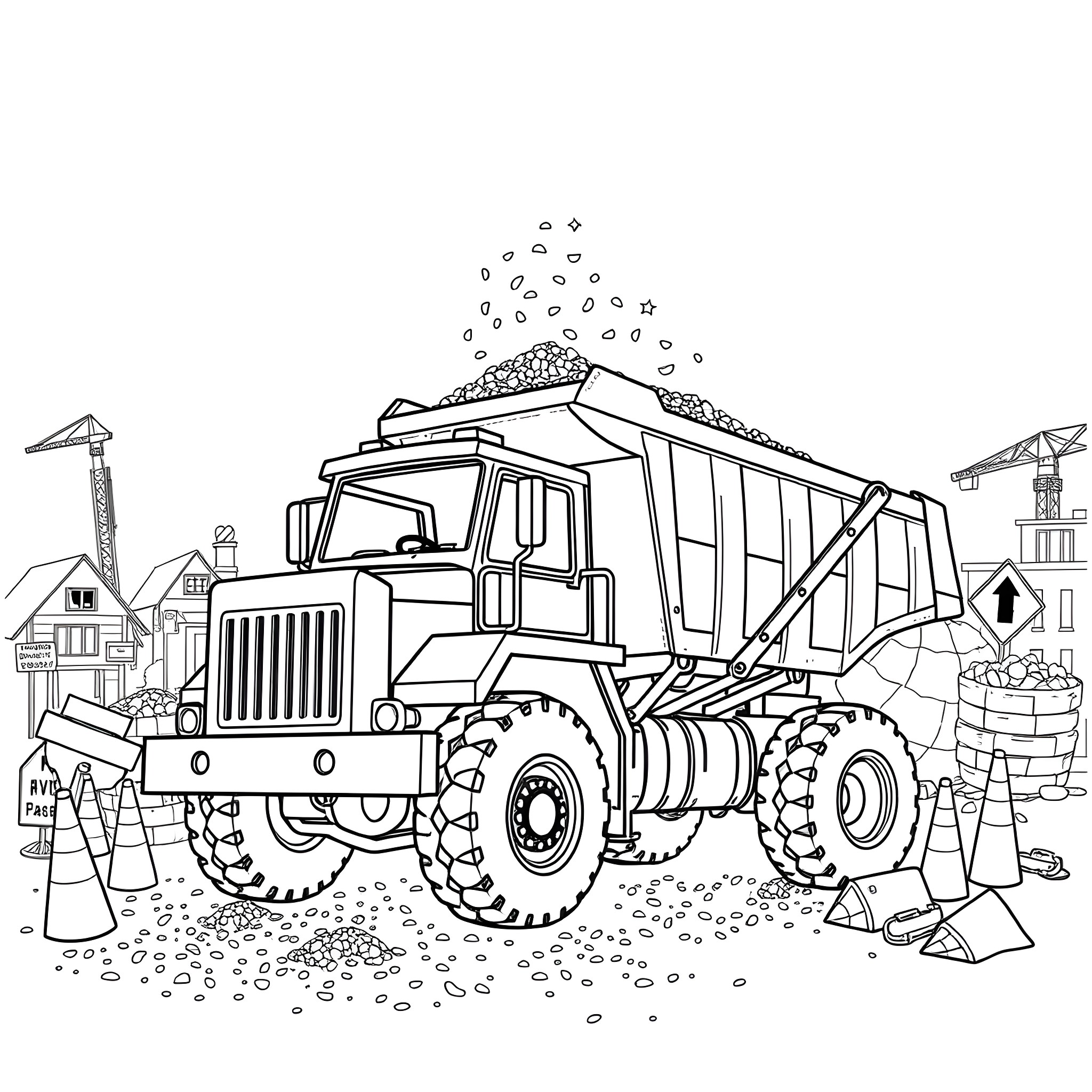 Dump Truck Unloading Construction Materials at the Site Coloring Page (free black-and-white line drawing printable PDF for all, from beginners to advanced learners, including children, teens, adults, and seniors)