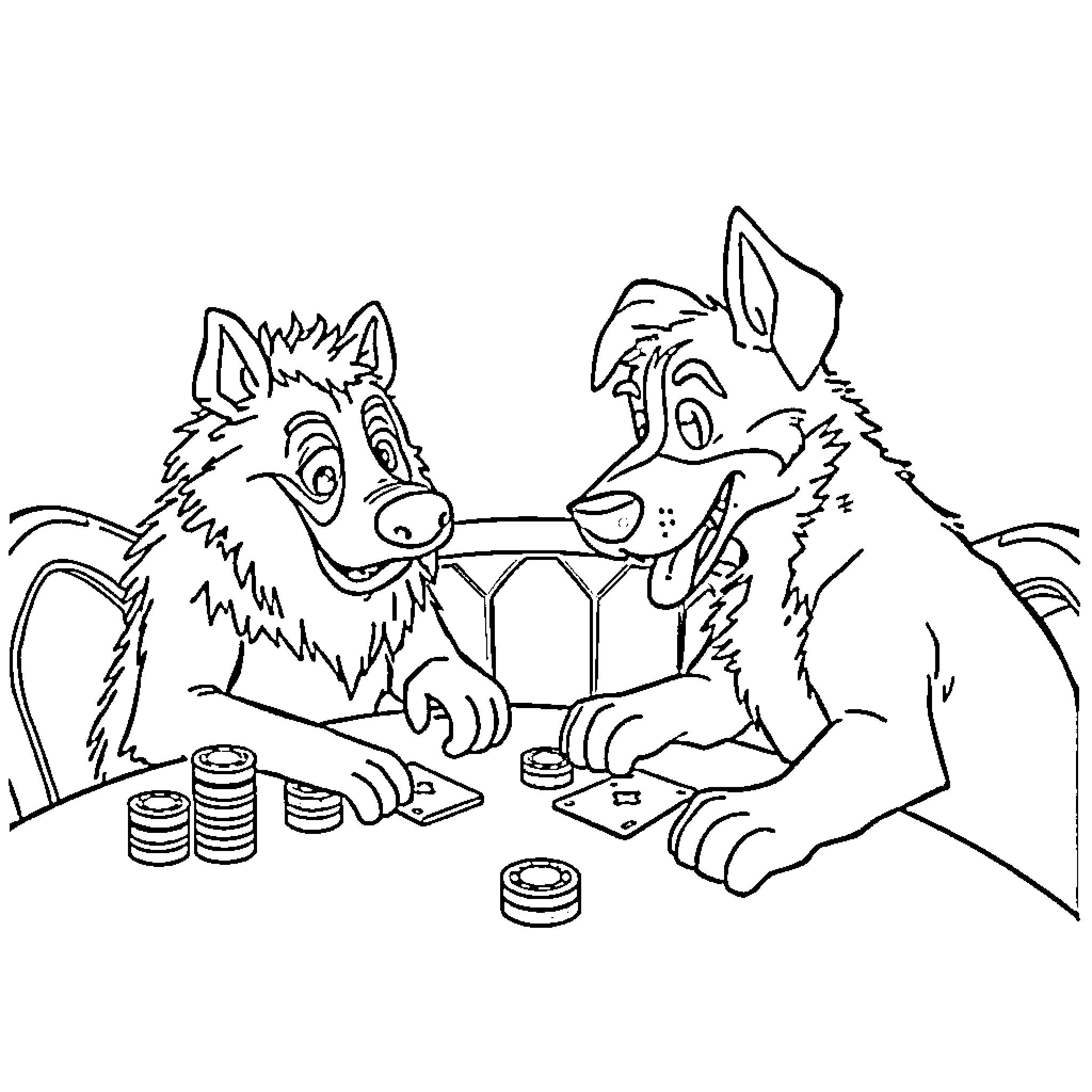 Bluey and Bingo playing card games together Coloring Page (free black-and-white line drawing printable PDF for all, from beginners to advanced learners, including children, teens, adults, and seniors)