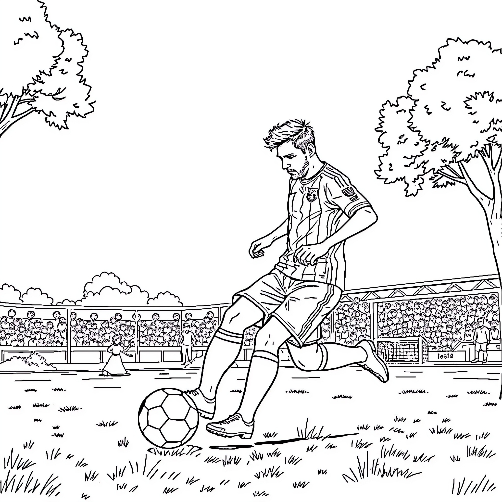 Marciano Kicking a Soccer Ball on the Field Coloring Page (free black-and-white line drawing printable PDF for all, from beginners to advanced learners, including children, teens, adults, and seniors)