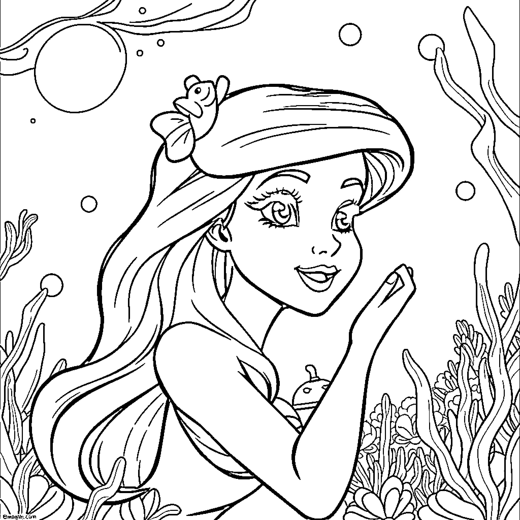 Mermaid exploring the underwater world Coloring Page (free black-and-white line drawing printable PDF for all, from beginners to advanced learners, including children, teens, adults, and seniors)