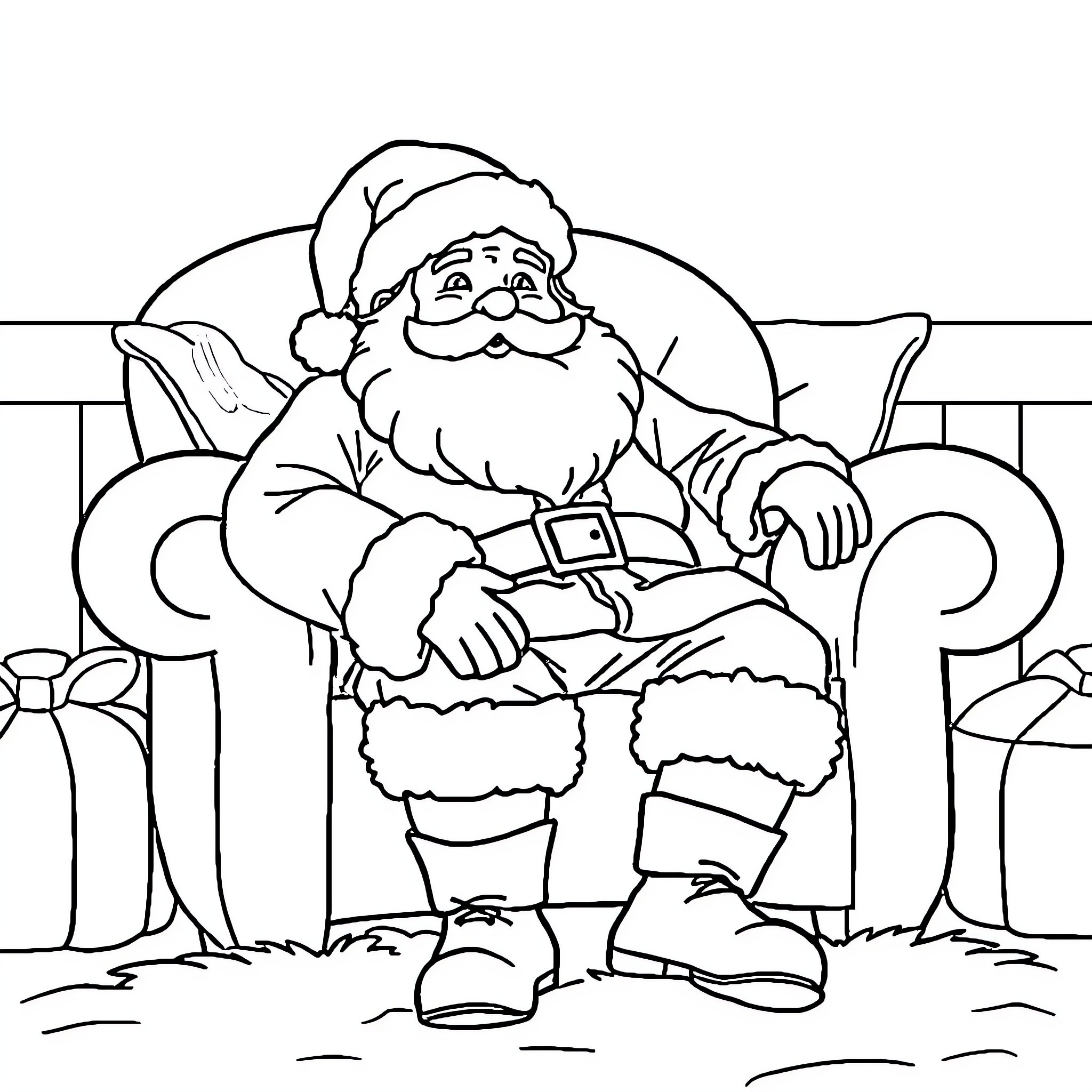 Santa Claus resting in an armchair Coloring Page (free black-and-white line drawing printable PDF for all, from beginners to advanced learners, including children, teens, adults, and seniors)