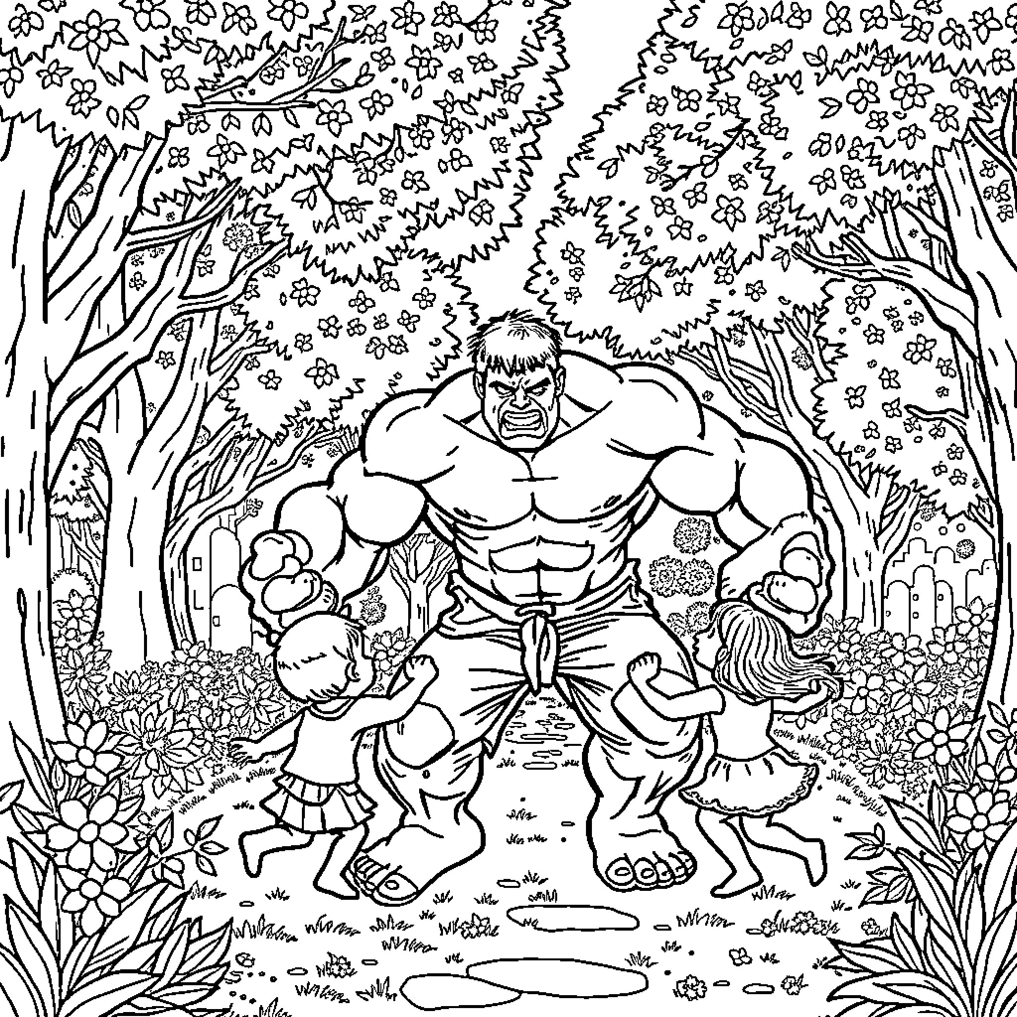 Hulk's Mischievous Romp in the Flowery Forest Coloring Page (free black-and-white line drawing printable PDF for all, from beginners to advanced learners, including children, teens, adults, and seniors)