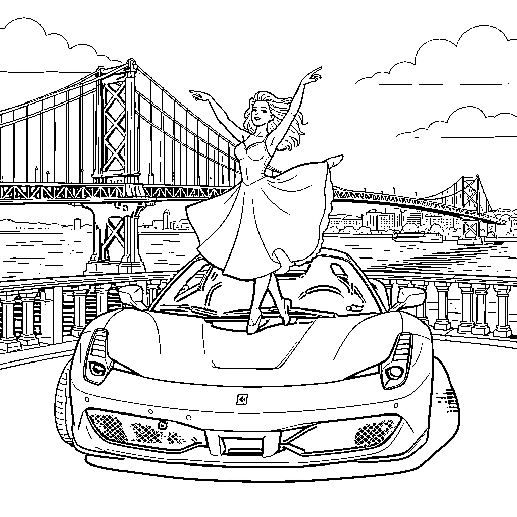 Dancer posing elegantly on top of a sports car Coloring Page (free black-and-white line drawing printable PDF for all, from beginners to advanced learners, including children, teens, adults, and seniors)