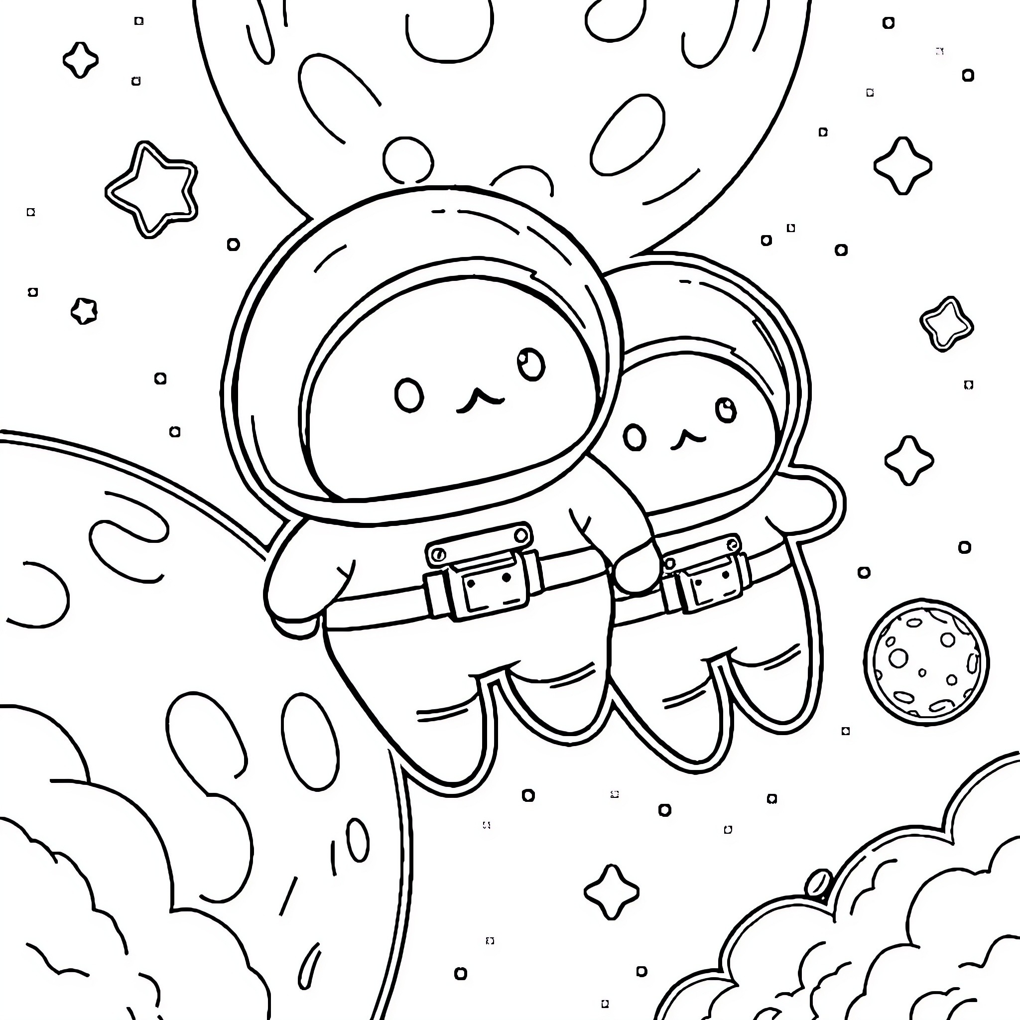 Squishmallow astronauts exploring the galaxy Coloring Page (free black-and-white line drawing printable PDF for all, from beginners to advanced learners, including children, teens, adults, and seniors)