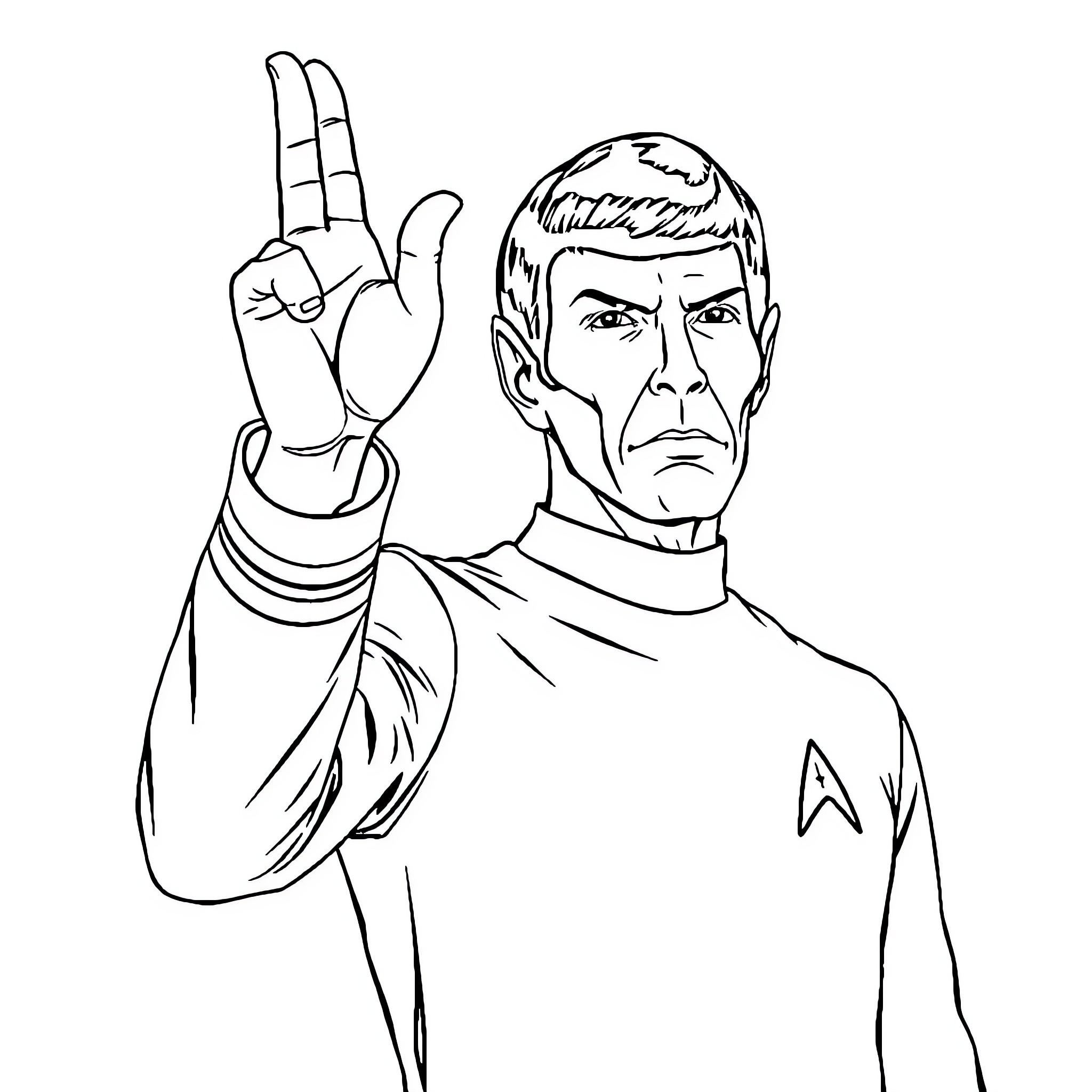 Spock making a gesture with serious expression Coloring Page (free black-and-white line drawing printable PDF for all, from beginners to advanced learners, including children, teens, adults, and seniors)