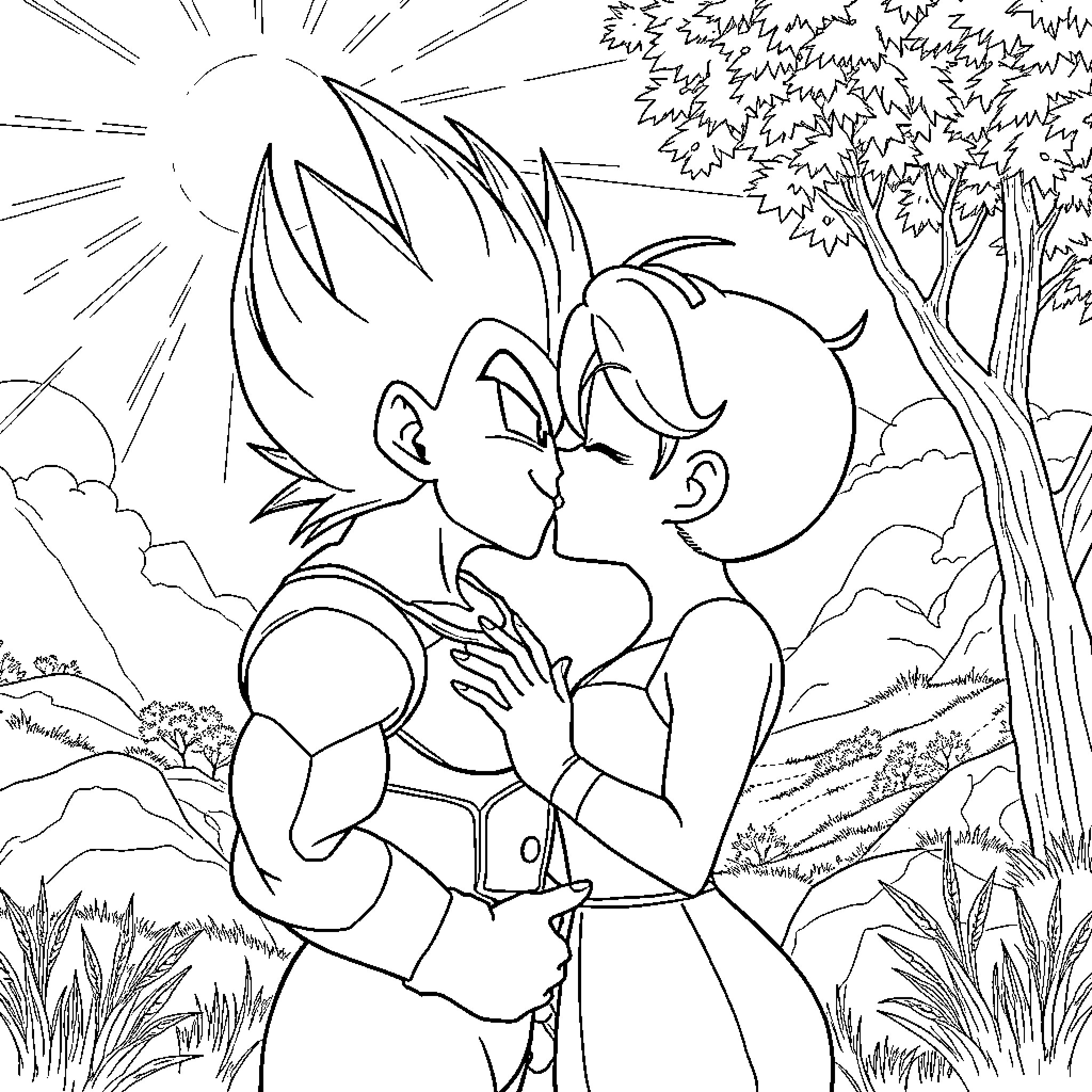 Vegeta and his companion in an outdoor scene Coloring Page (free black-and-white line drawing printable PDF for all, from beginners to advanced learners, including children, teens, adults, and seniors)