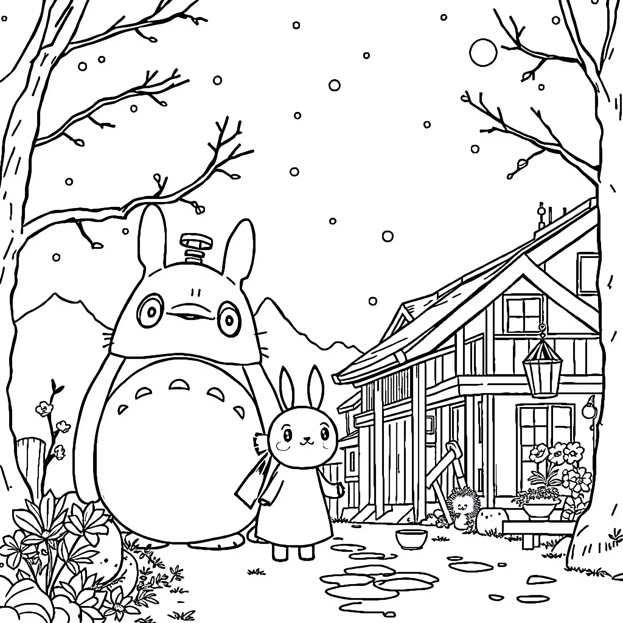 Studio Ghibli characters enjoying a snowy day Coloring Page (free black-and-white line drawing printable PDF for all, from beginners to advanced learners, including children, teens, adults, and seniors)