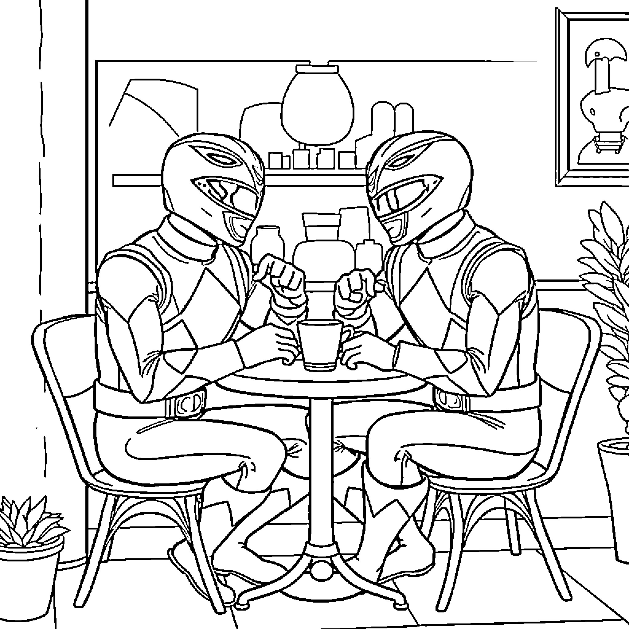Power Rangers Relaxing over Drinks Coloring Page (free black-and-white line drawing printable PDF for all, from beginners to advanced learners, including children, teens, adults, and seniors)