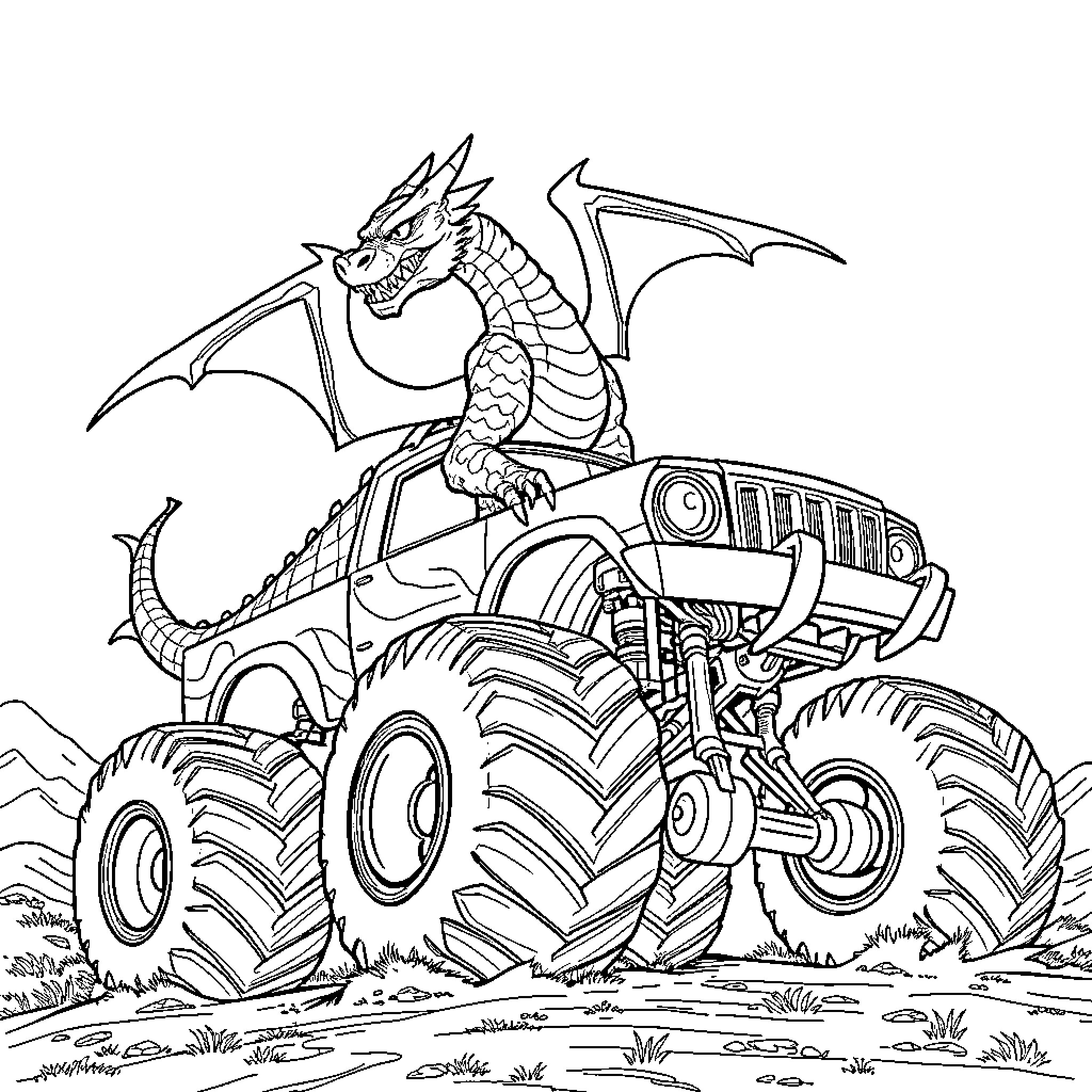 Dragon riding a powerful monster truck Coloring Page (free black-and-white line drawing printable PDF for all, from beginners to advanced learners, including children, teens, adults, and seniors)