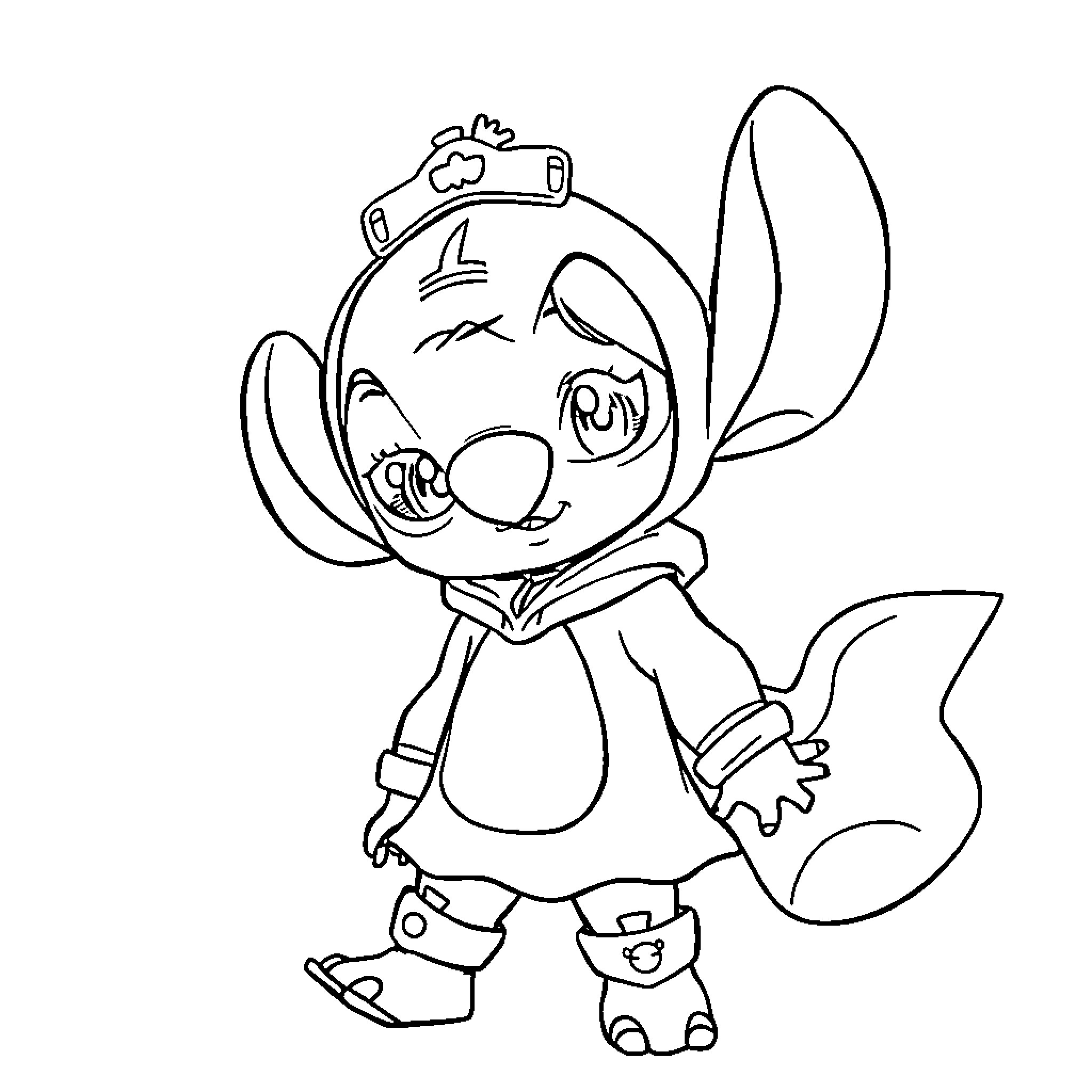Stitch in a Playful Pose Coloring Page (free black-and-white line drawing printable PDF for all, from beginners to advanced learners, including children, teens, adults, and seniors)