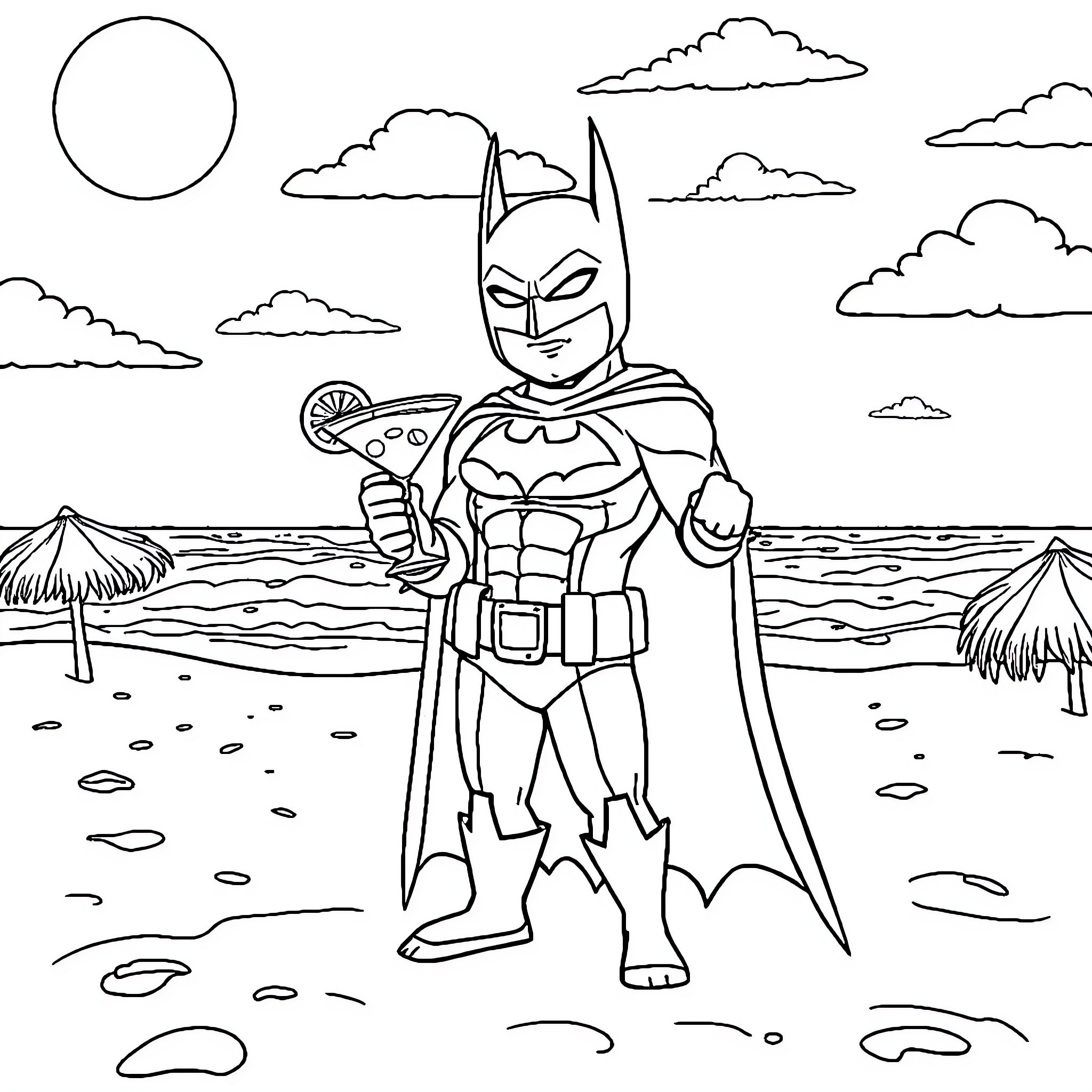 Batman standing confidently on the beach Coloring Page (free black-and-white line drawing printable PDF for all, from beginners to advanced learners, including children, teens, adults, and seniors)