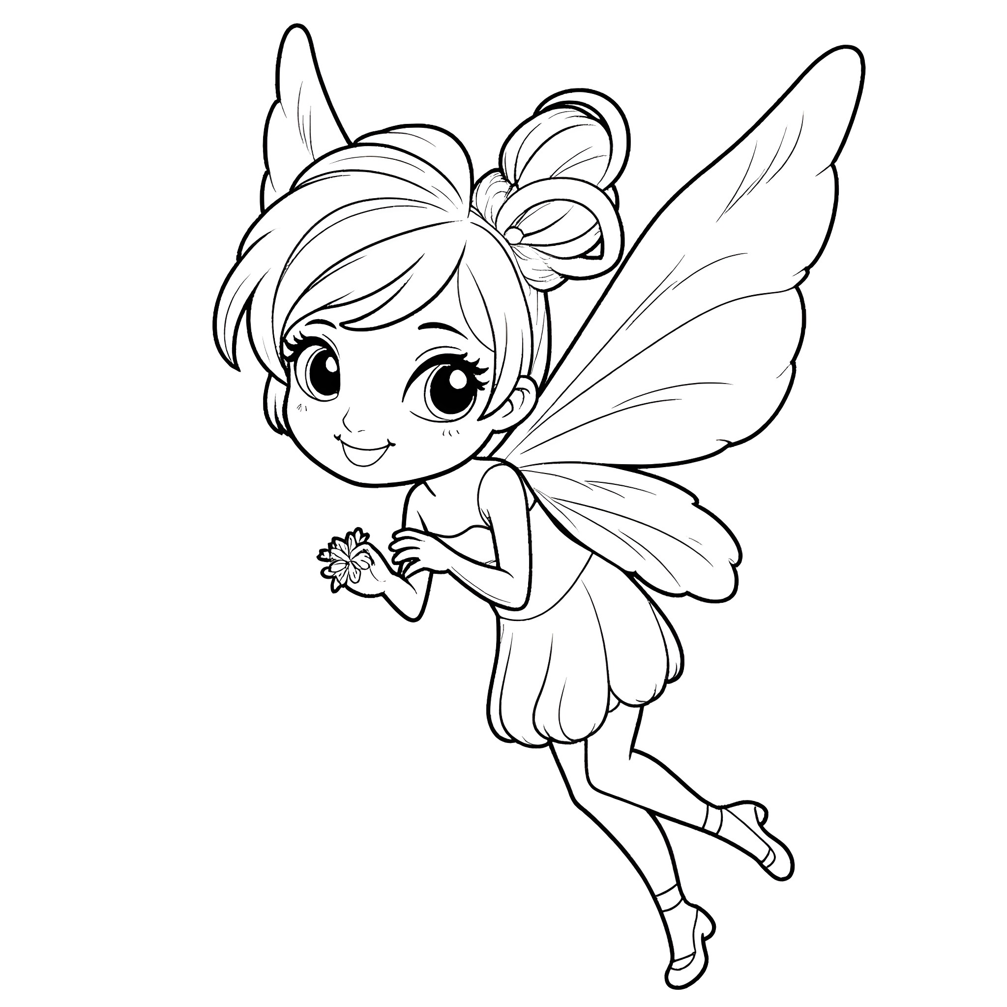 Fairy girl with wings and flowers Coloring Page (free black-and-white line drawing printable PDF for all, from beginners to advanced learners, including children, teens, adults, and seniors)