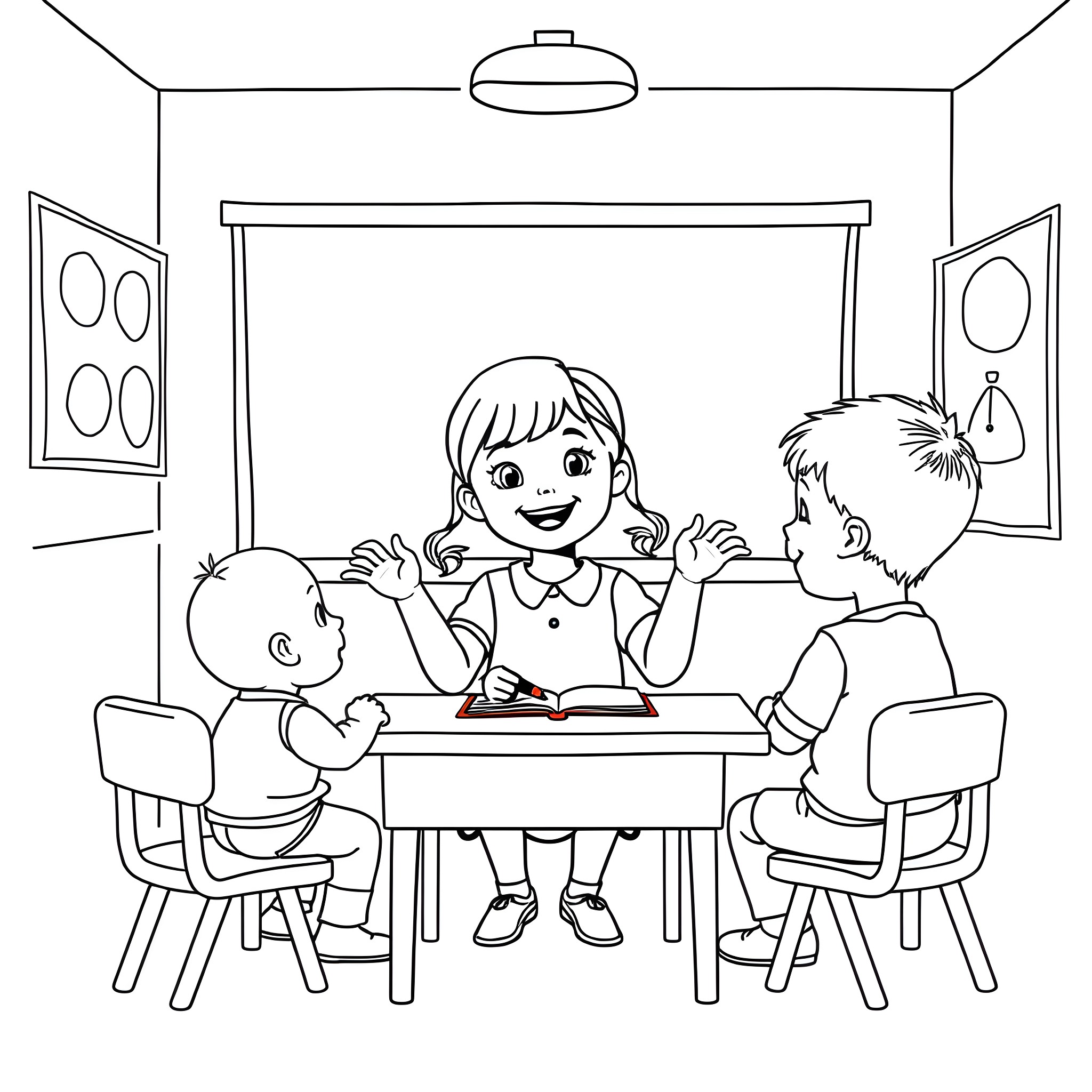Girl playing with children at a table Coloring Page (free black-and-white line drawing printable PDF for all, from beginners to advanced learners, including children, teens, adults, and seniors)