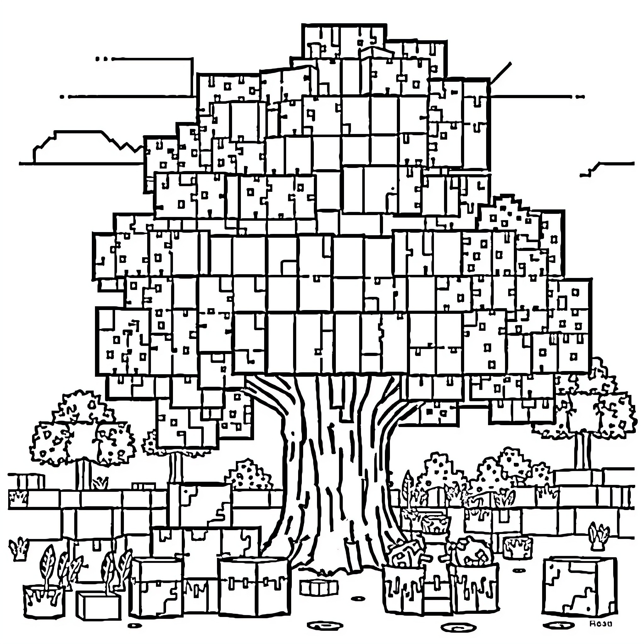 Minecraft city with intricate architectural structures Coloring Page (free black-and-white line drawing printable PDF for all, from beginners to advanced learners, including children, teens, adults, and seniors)