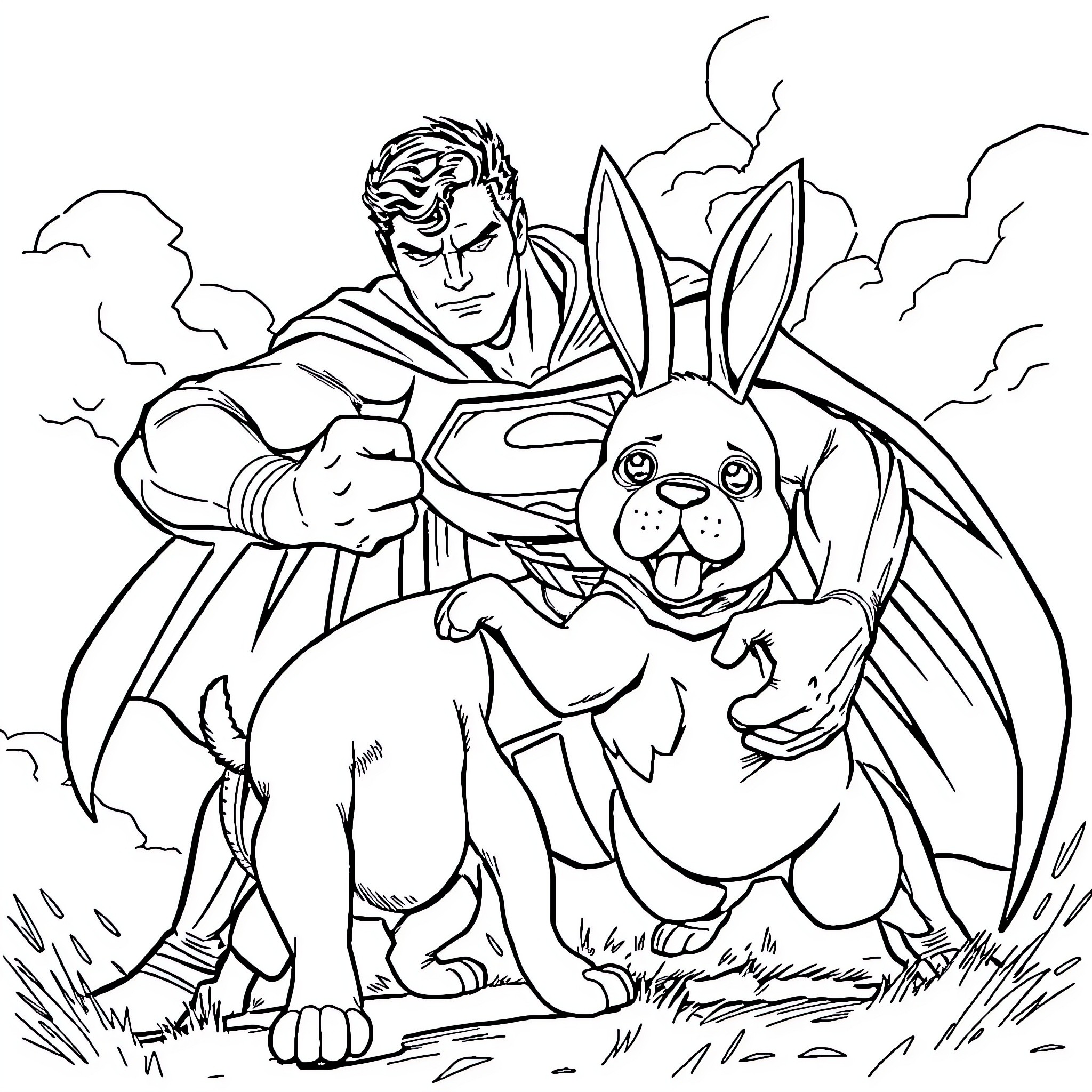 Superman embracing an adorable rabbit in a lush field Coloring Page (free black-and-white line drawing printable PDF for all, from beginners to advanced learners, including children, teens, adults, and seniors)