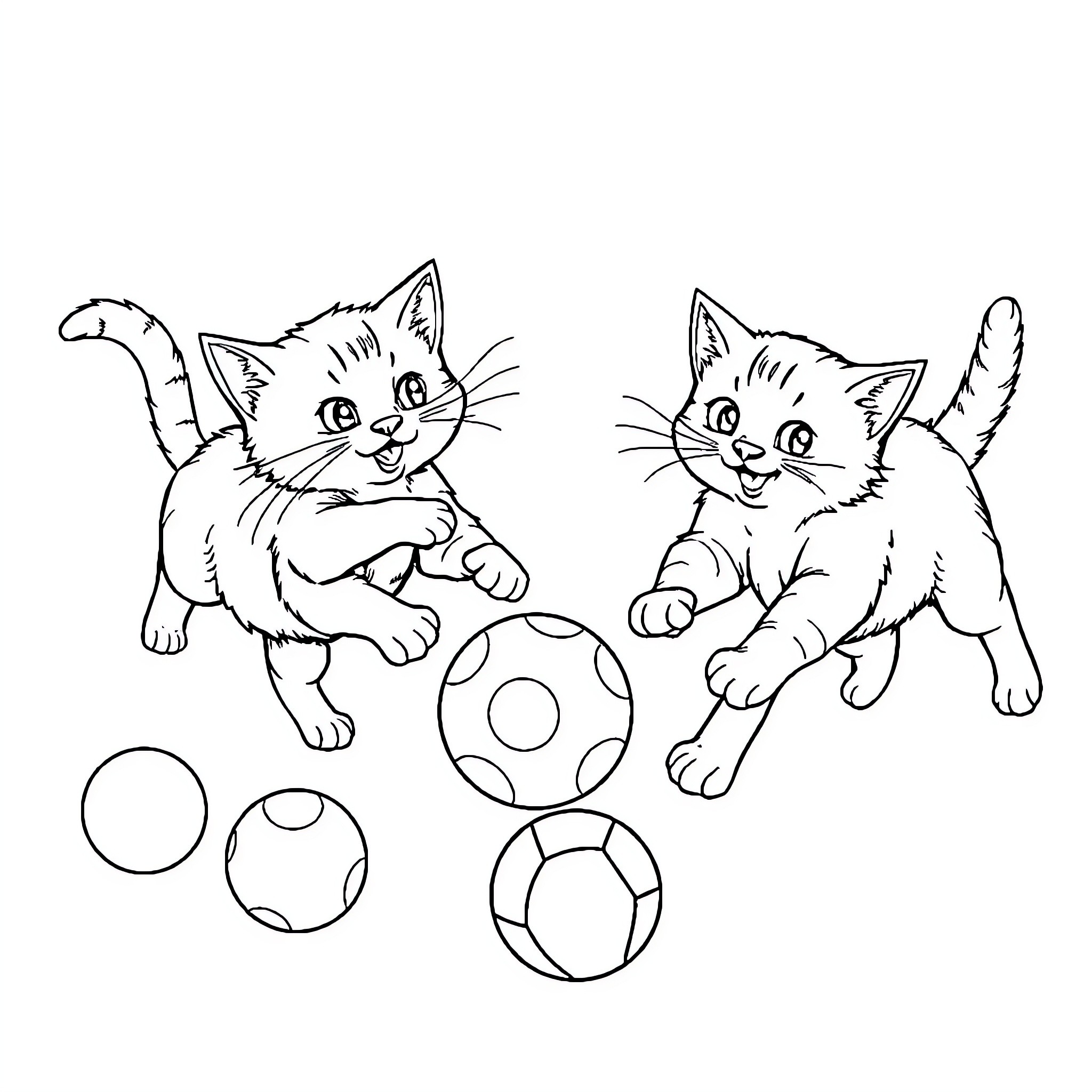 Cats playing with balls Coloring Page (free black-and-white line drawing printable PDF for all, from beginners to advanced learners, including children, teens, adults, and seniors)