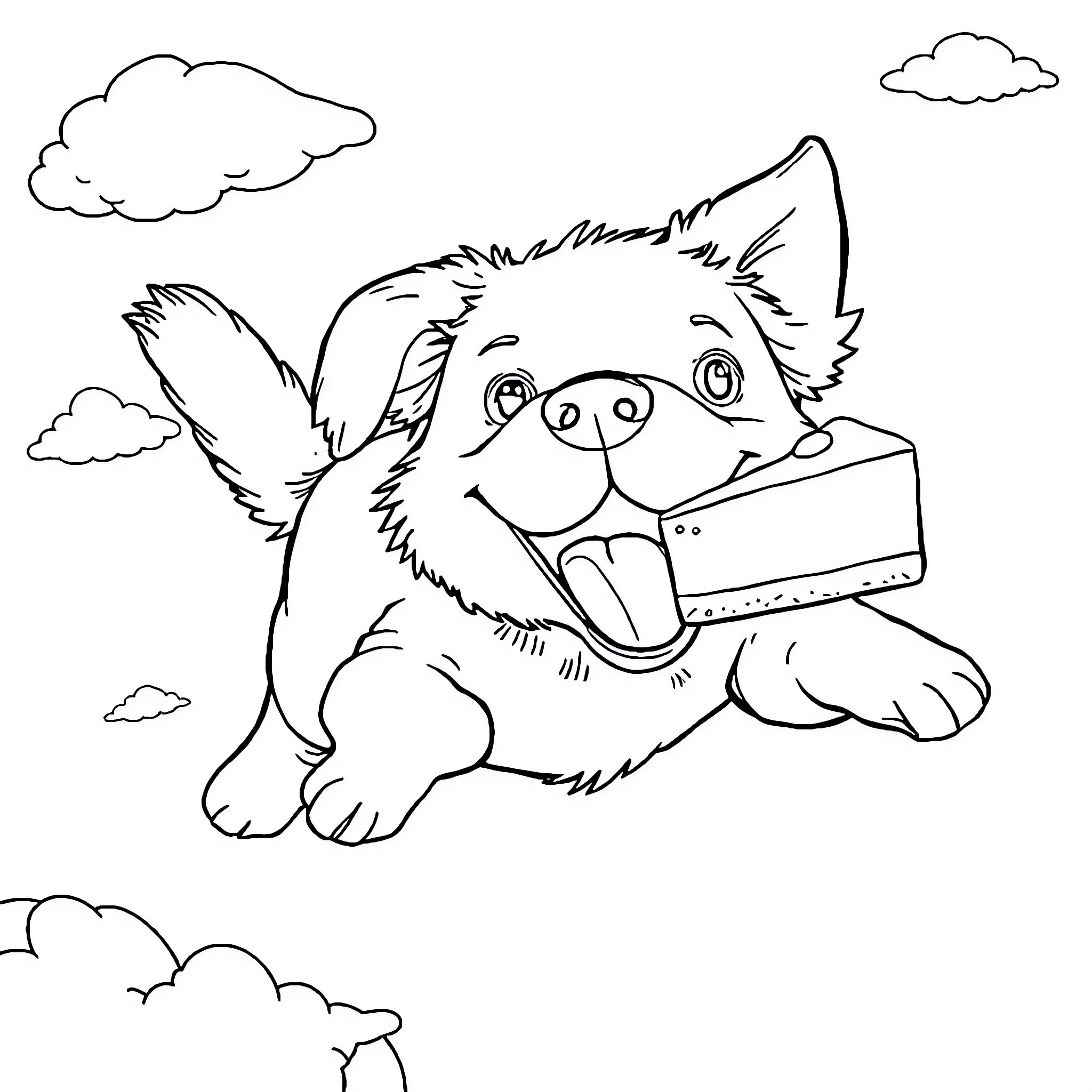 Dog happily carrying a box in the clouds Coloring Page (free black-and-white line drawing printable PDF for all, from beginners to advanced learners, including children, teens, adults, and seniors)