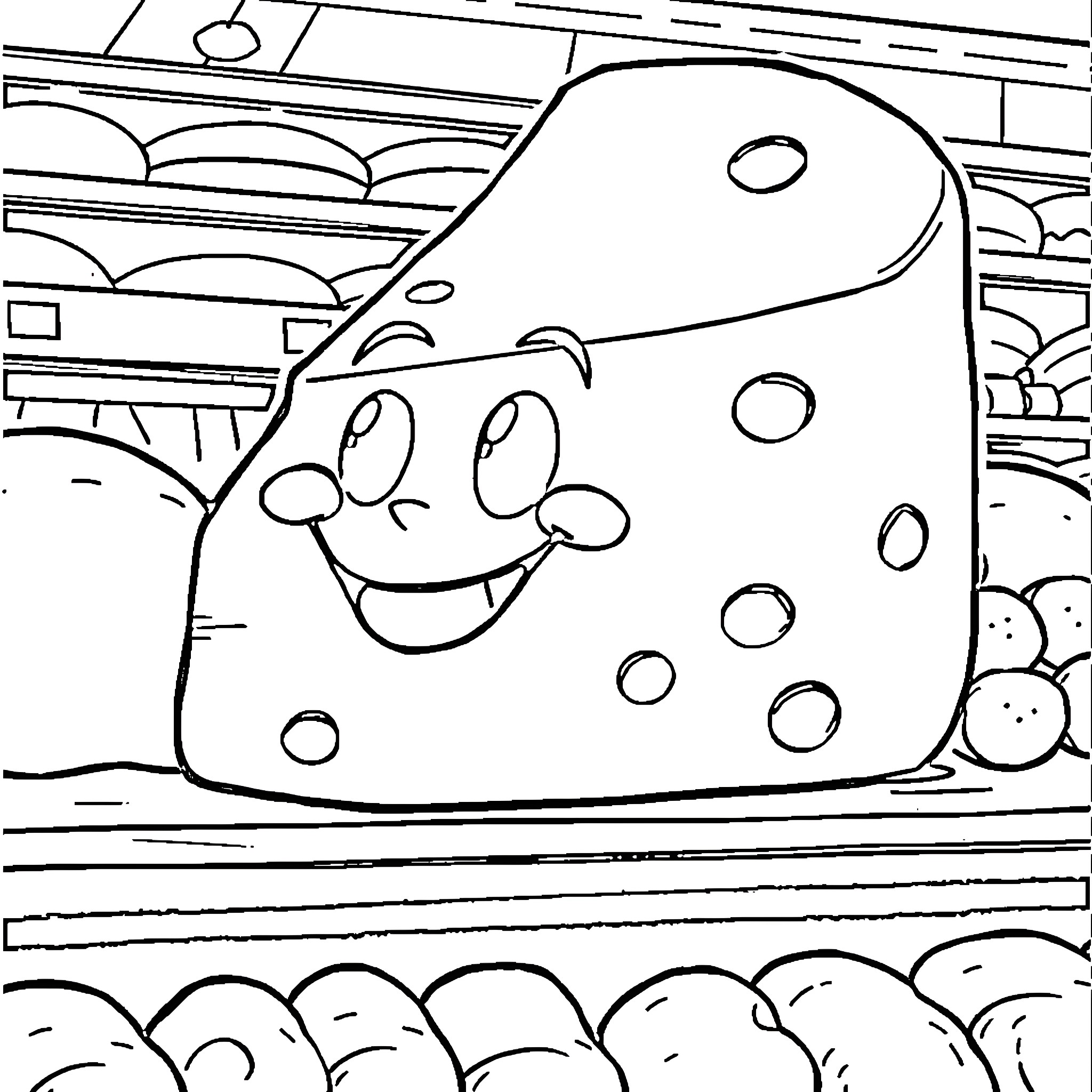 Cheese Blocks With Whimsical Designs Coloring Page (free black-and-white line drawing printable PDF for all, from beginners to advanced learners, including children, teens, adults, and seniors)