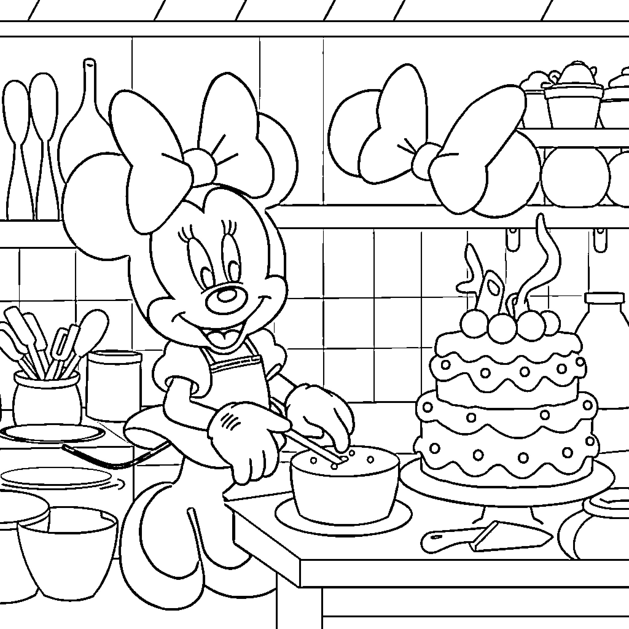 Minnie Mouse baking a cake in the kitchen Coloring Page (free black-and-white line drawing printable PDF for all, from beginners to advanced learners, including children, teens, adults, and seniors)