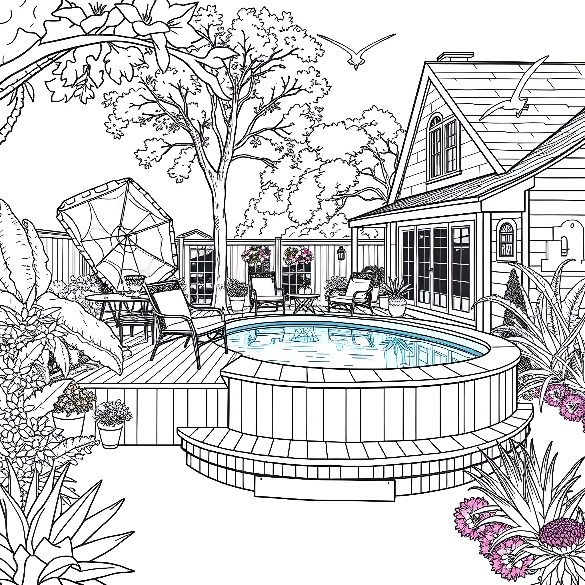 Home with a pool in a lush garden Coloring Page (free black-and-white line drawing printable PDF for all, from beginners to advanced learners, including children, teens, adults, and seniors)
