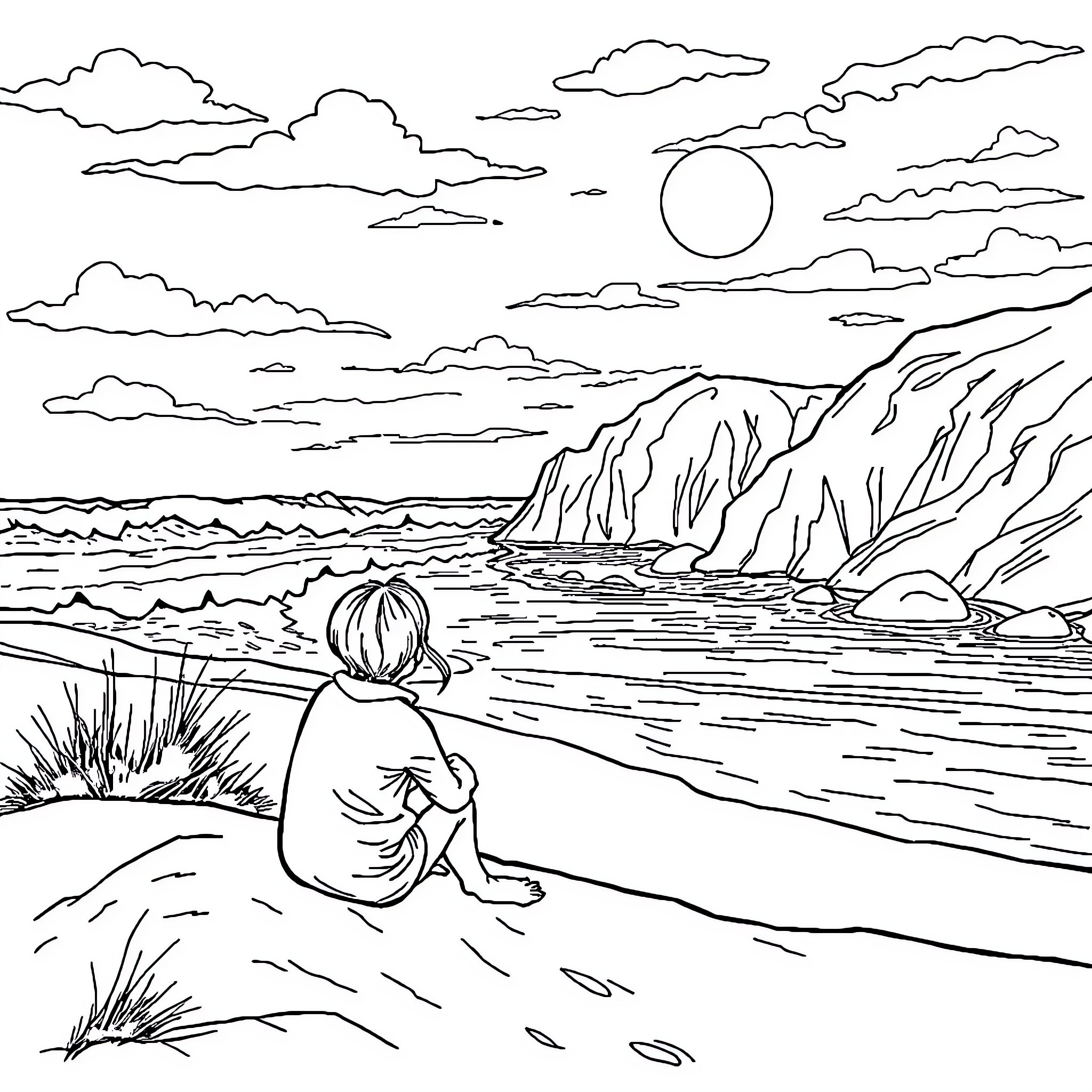 Student observing scenic ocean landscape under cloudy sky Coloring Page (free black-and-white line drawing printable PDF for all, from beginners to advanced learners, including children, teens, adults, and seniors)