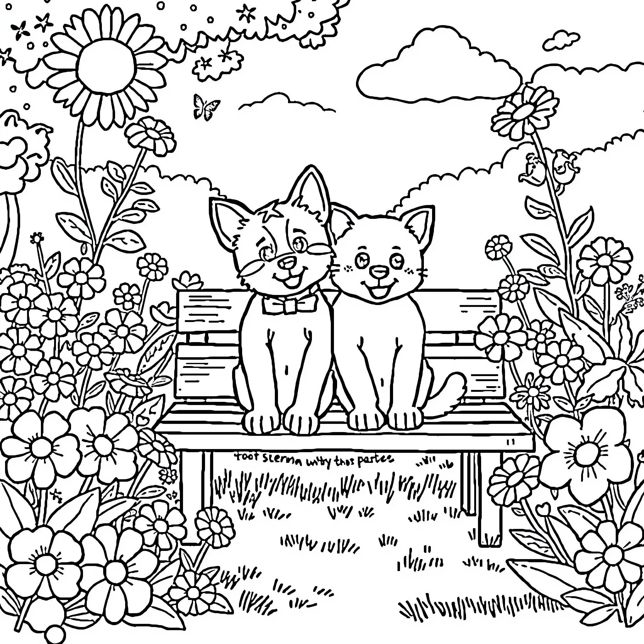 Beau Kittens Playing in Floral Garden Coloring Page (free black-and-white line drawing printable PDF for all, from beginners to advanced learners, including children, teens, adults, and seniors)