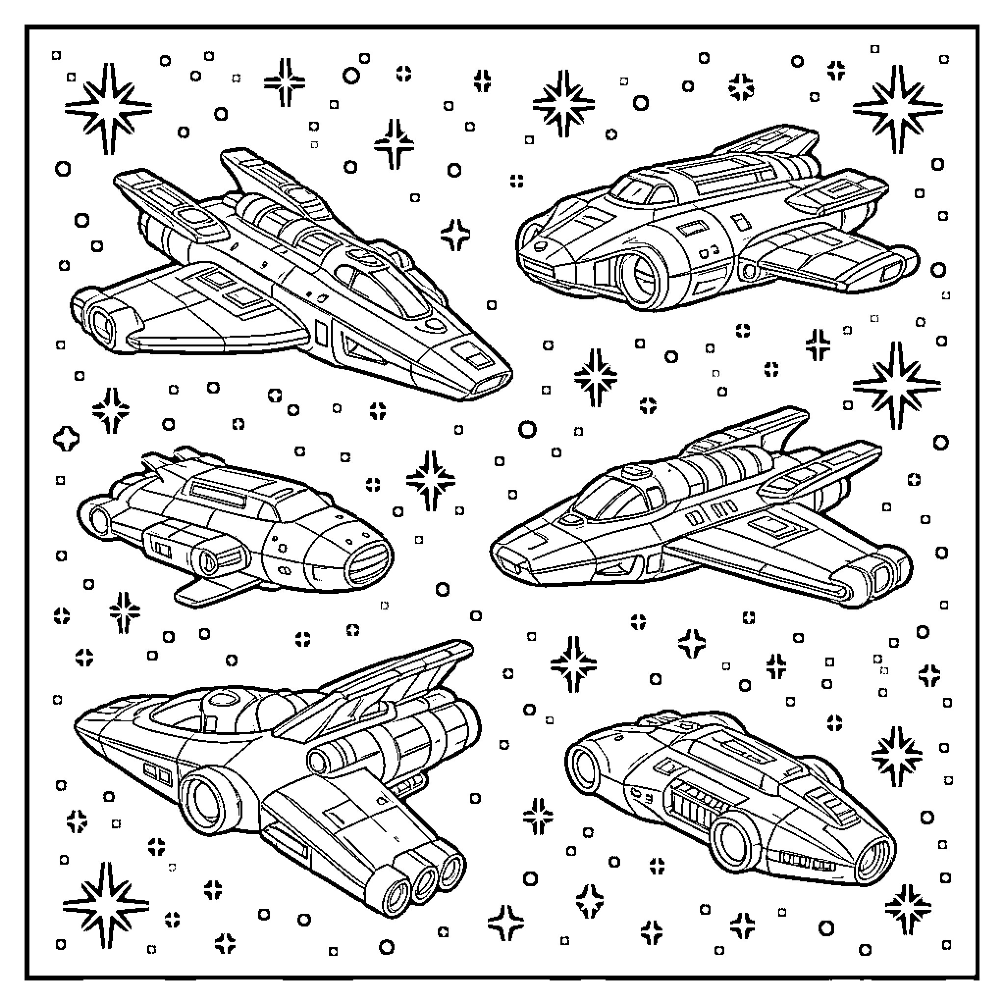 Nave Espacial traveling through a vast star field Coloring Page (free black-and-white line drawing printable PDF for all, from beginners to advanced learners, including children, teens, adults, and seniors)