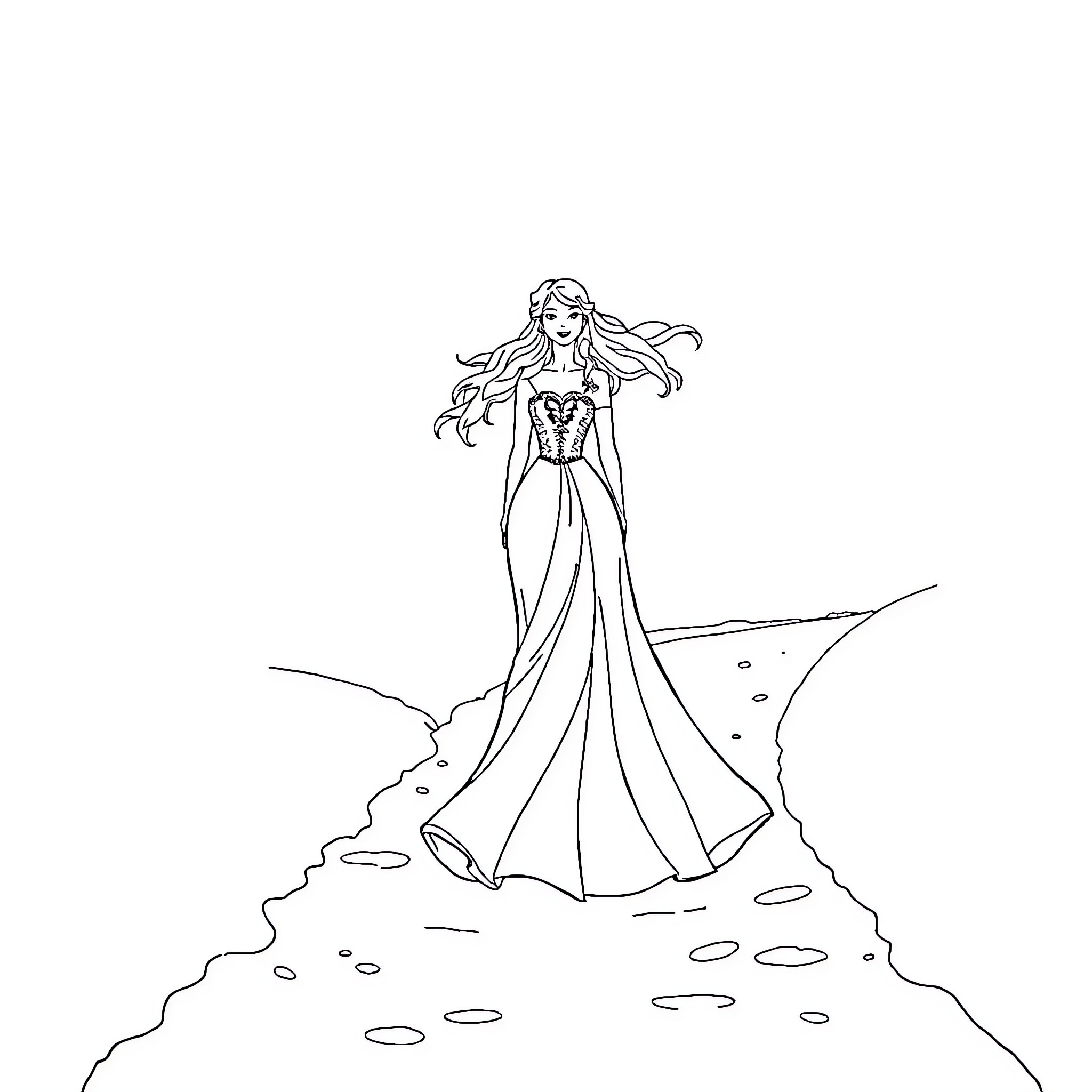 Snow Queen in a Majestic Pose Coloring Page (free black-and-white line drawing printable PDF for all, from beginners to advanced learners, including children, teens, adults, and seniors)