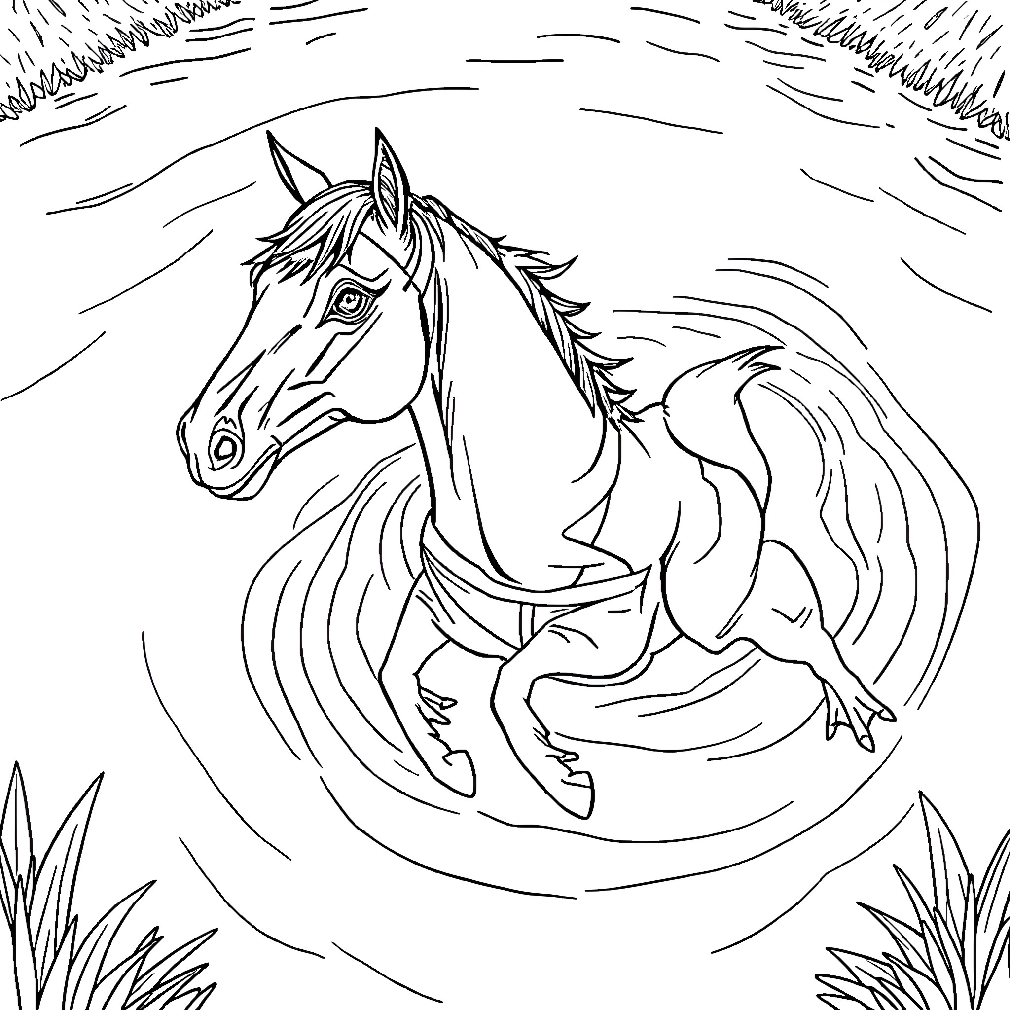 Horse galloping through wild nature Coloring Page (free black-and-white line drawing printable PDF for all, from beginners to advanced learners, including children, teens, adults, and seniors)