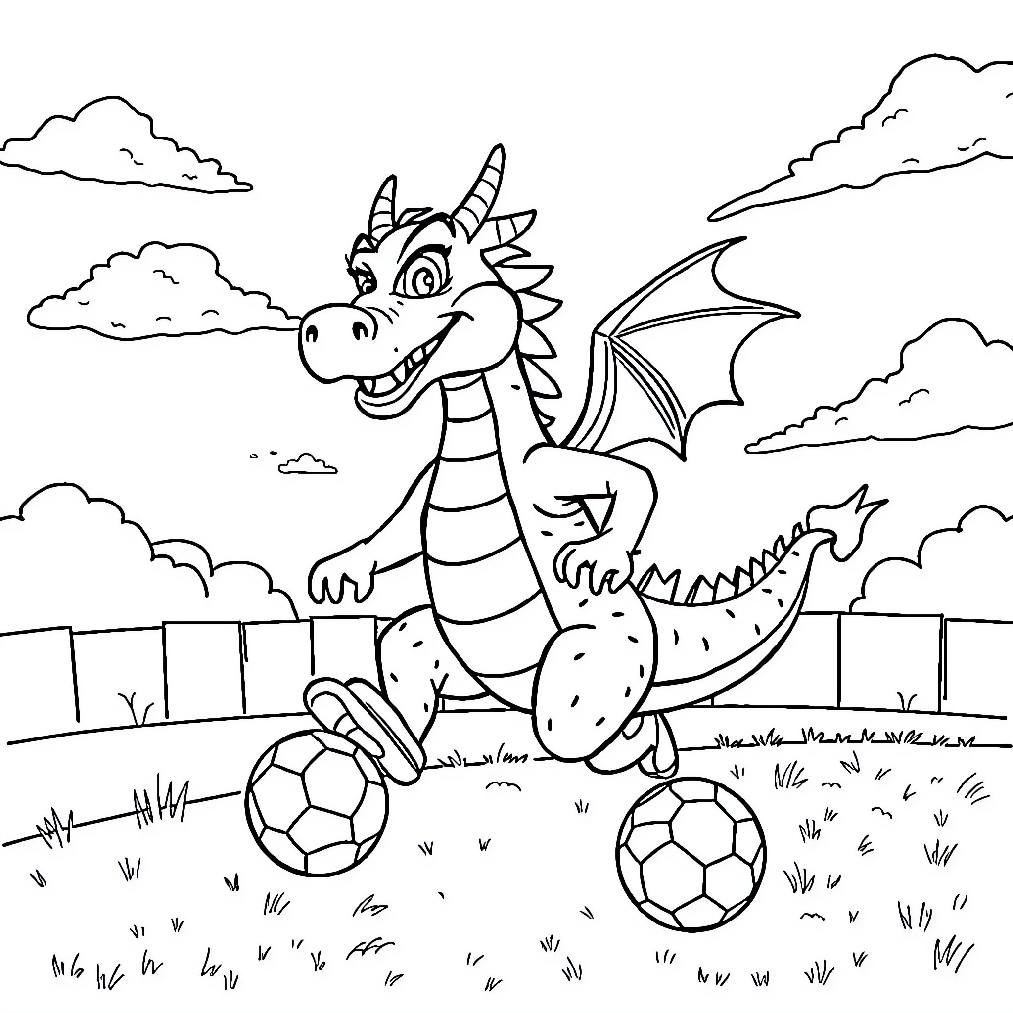 Dragon playing joyfully with soccer balls in the park Coloring Page (free black-and-white line drawing printable PDF for all, from beginners to advanced learners, including children, teens, adults, and seniors)