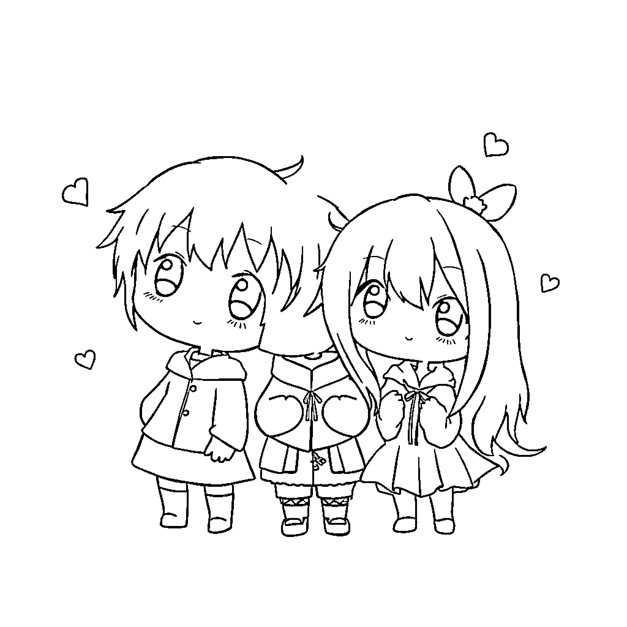 Chibi friends in playful outfits and expressions Coloring Page (free black-and-white line drawing printable PDF for all, from beginners to advanced learners, including children, teens, adults, and seniors)