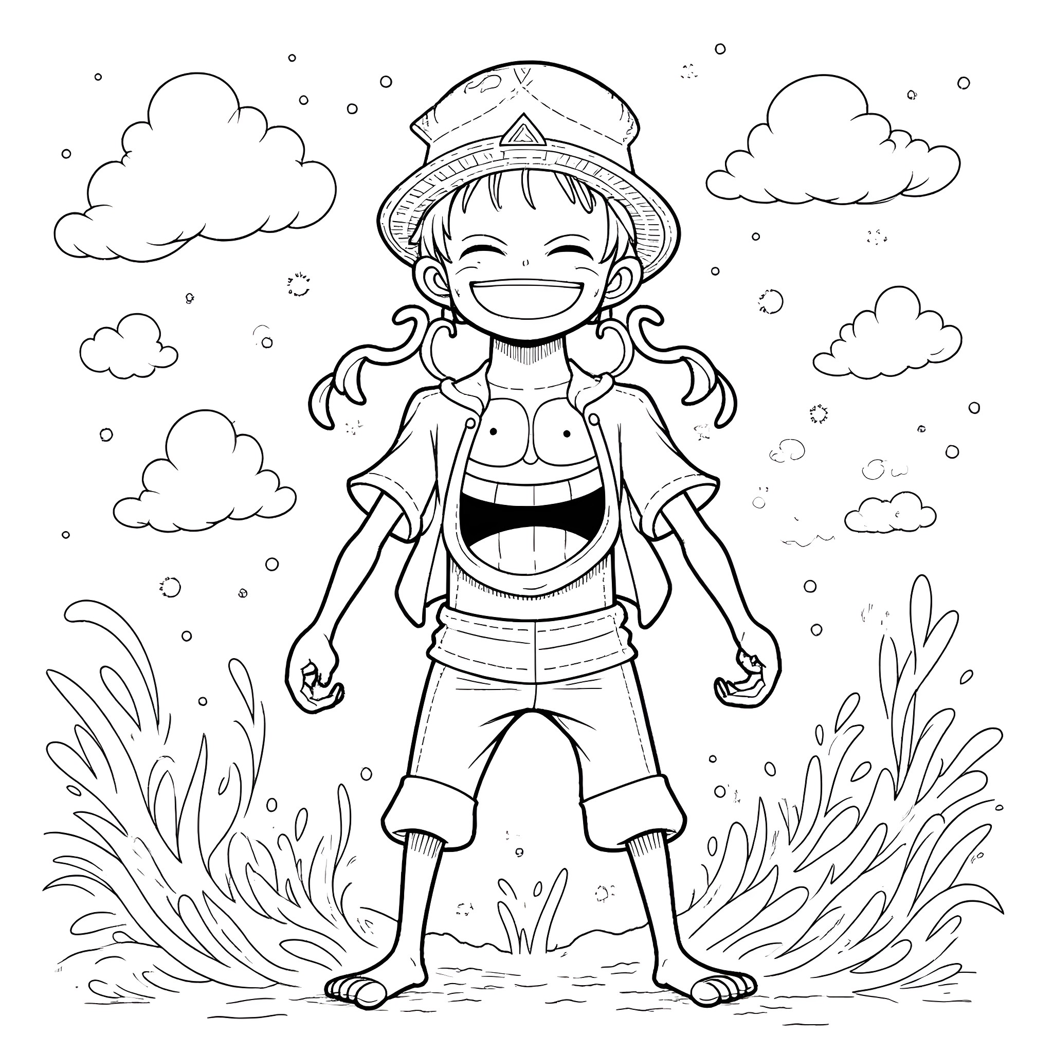 Luffy's Joyous Adventure in the Outdoors Coloring Page (free black-and-white line drawing printable PDF for all, from beginners to advanced learners, including children, teens, adults, and seniors)