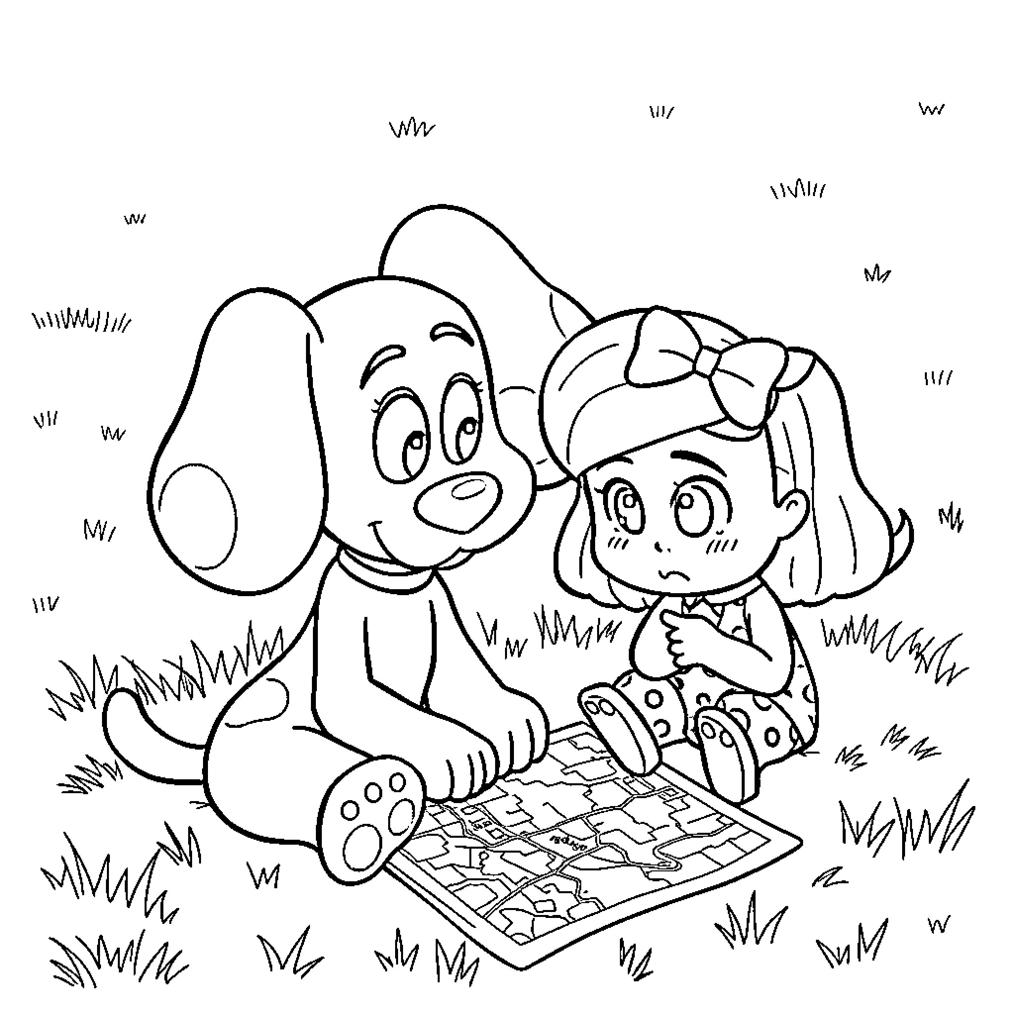 Blue Companions Explore Colorful Adventures Coloring Page (free black-and-white line drawing printable PDF for all, from beginners to advanced learners, including children, teens, adults, and seniors)