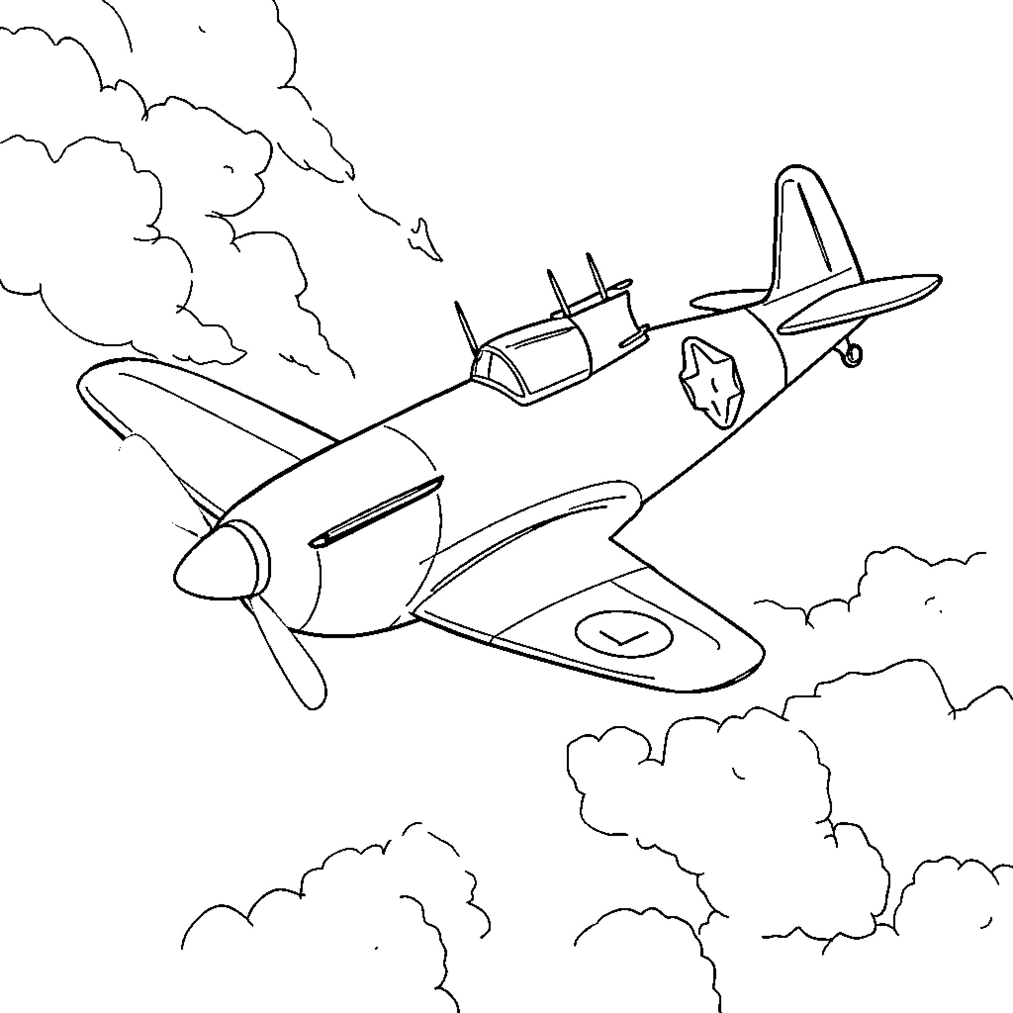 Submarine in Flight Through Cloudy Skies Coloring Page (free black-and-white line drawing printable PDF for all, from beginners to advanced learners, including children, teens, adults, and seniors)